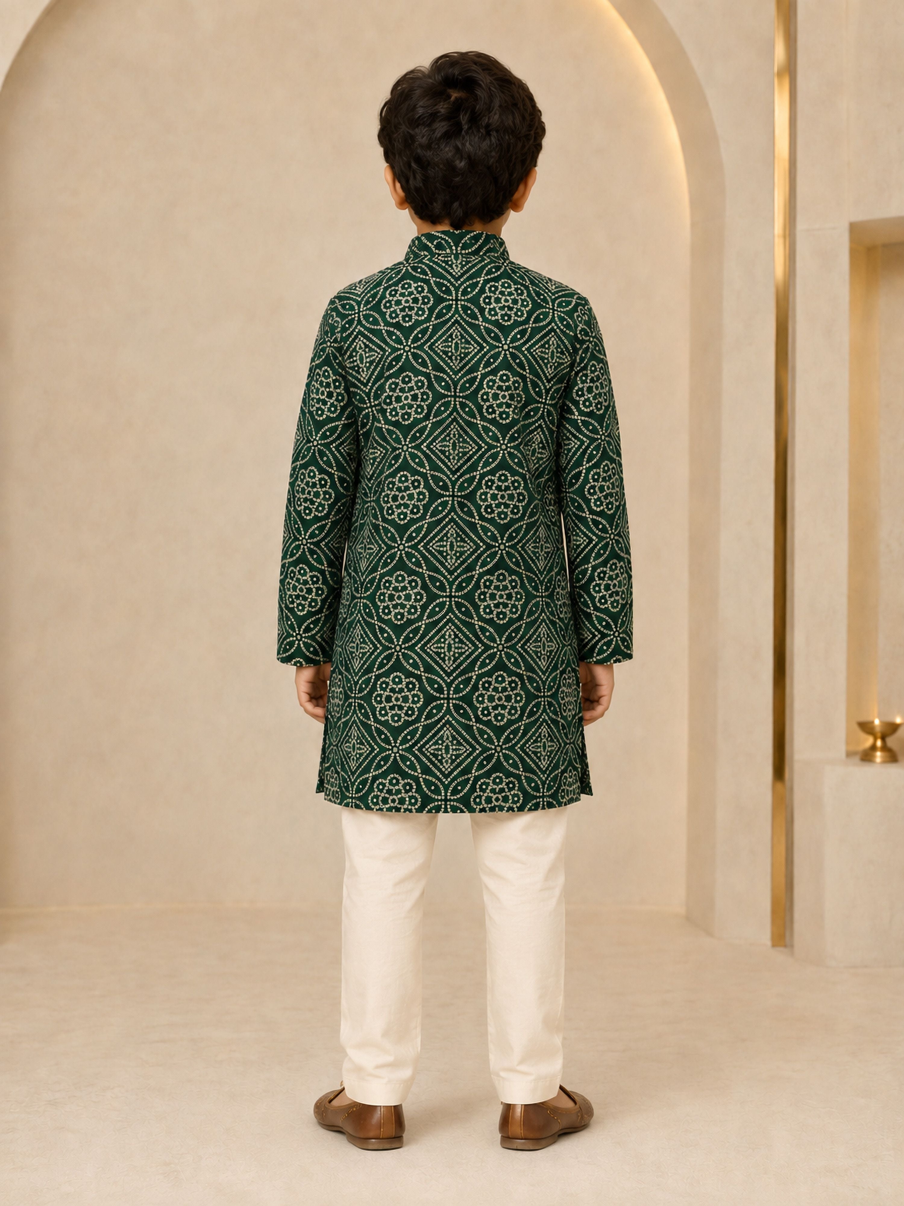 Boy's Dark Green Rayon Geometric Print Knee Length Kurta and Pyjama Set
