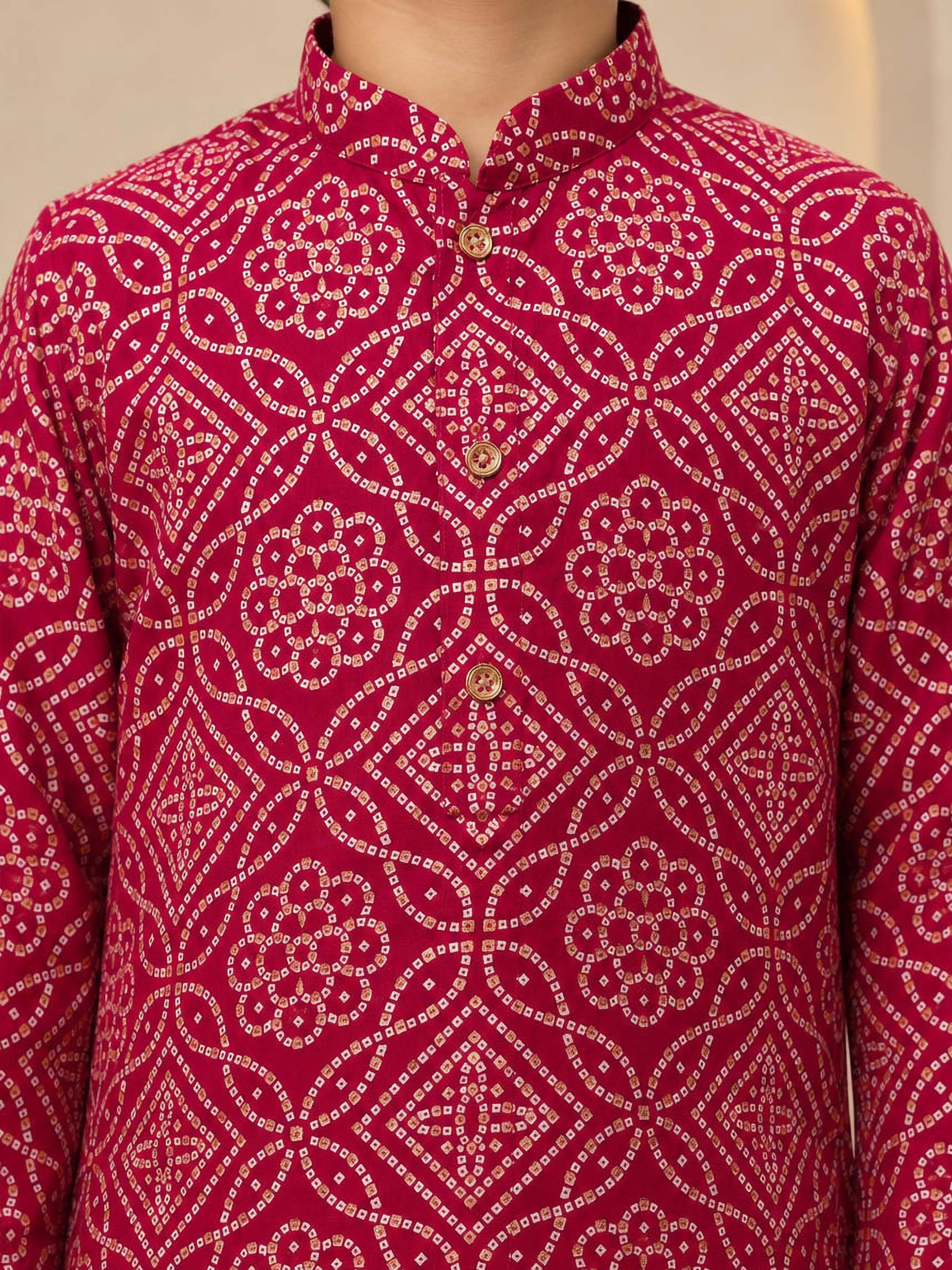 Boy's Maroon Rayon Geometric Print Knee Length Kurta and Pyjama Set