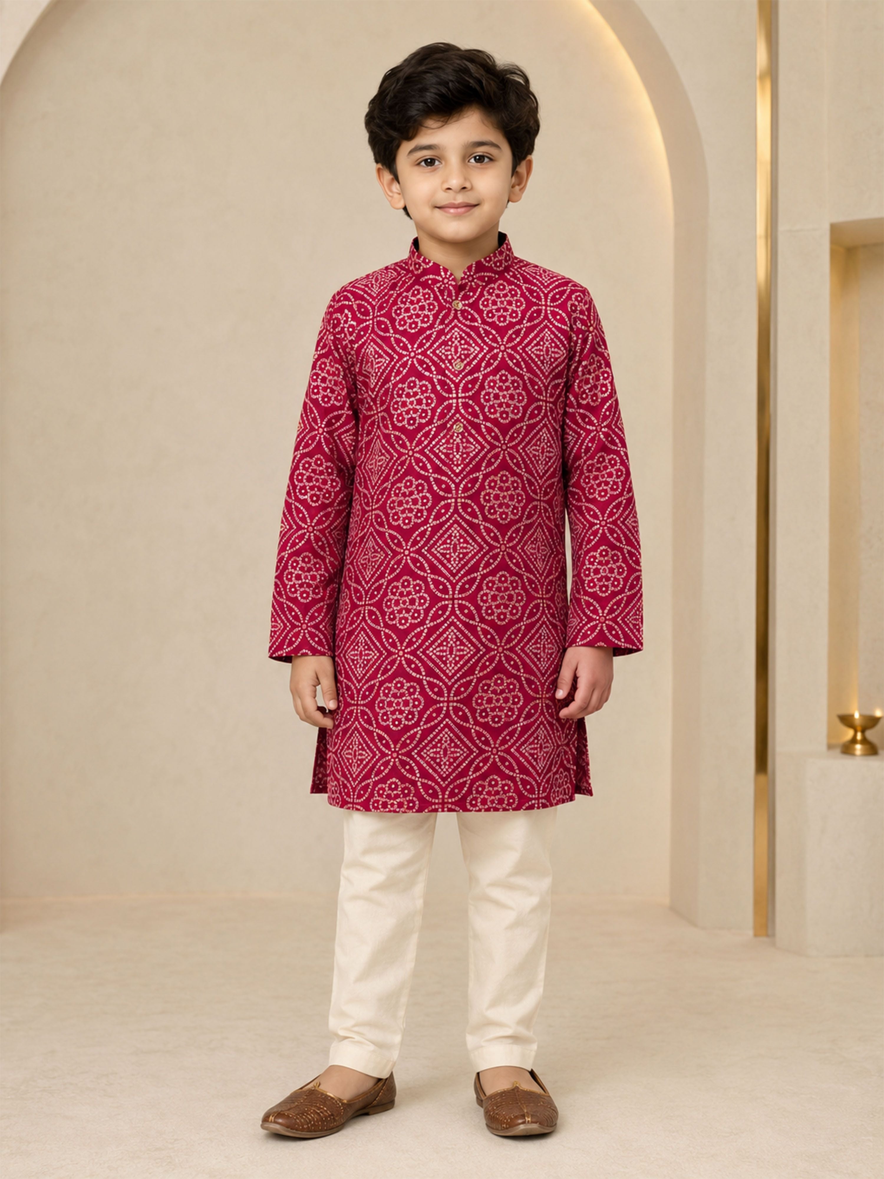 Boy's Maroon Rayon Geometric Print Knee Length Kurta and Pyjama Set