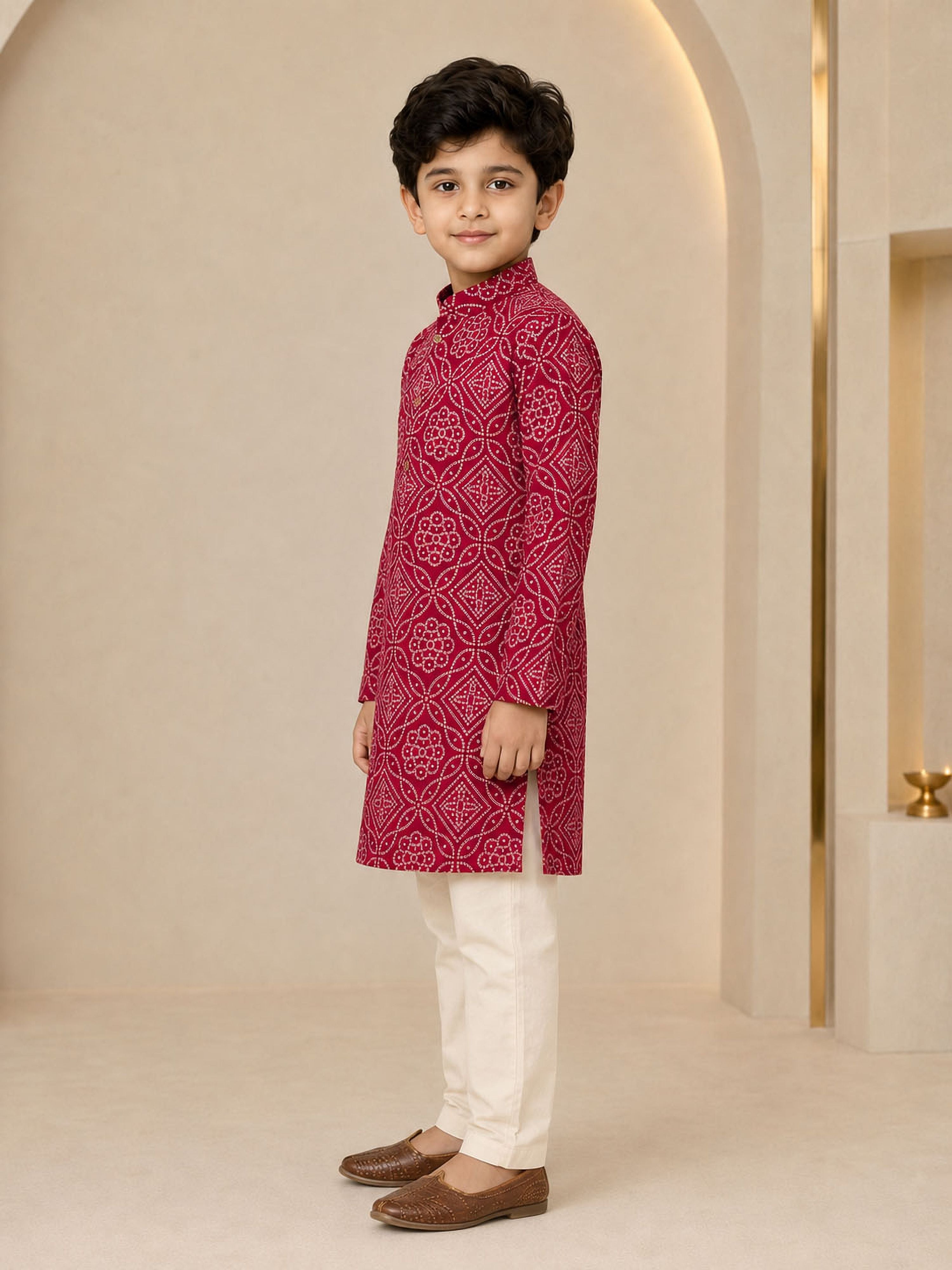 Boy's Maroon Rayon Geometric Print Knee Length Kurta and Pyjama Set