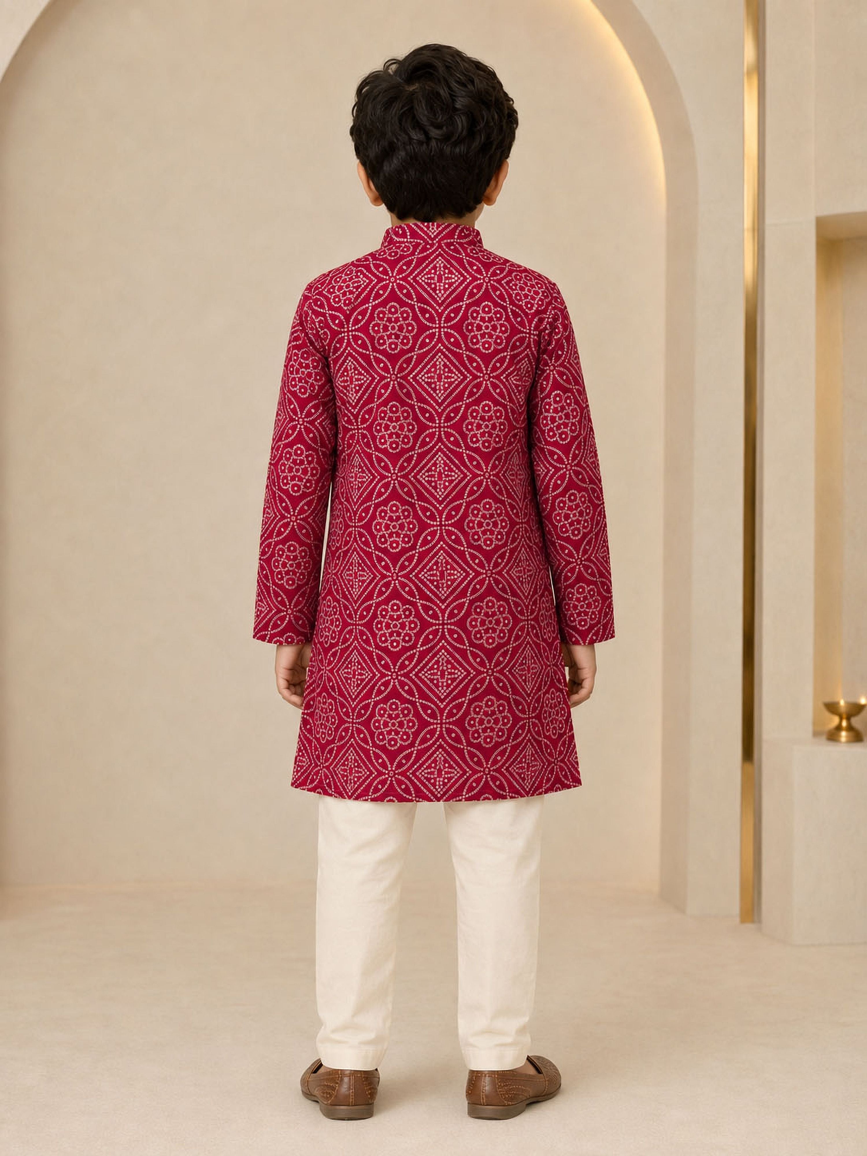 Boy's Maroon Rayon Geometric Print Knee Length Kurta and Pyjama Set