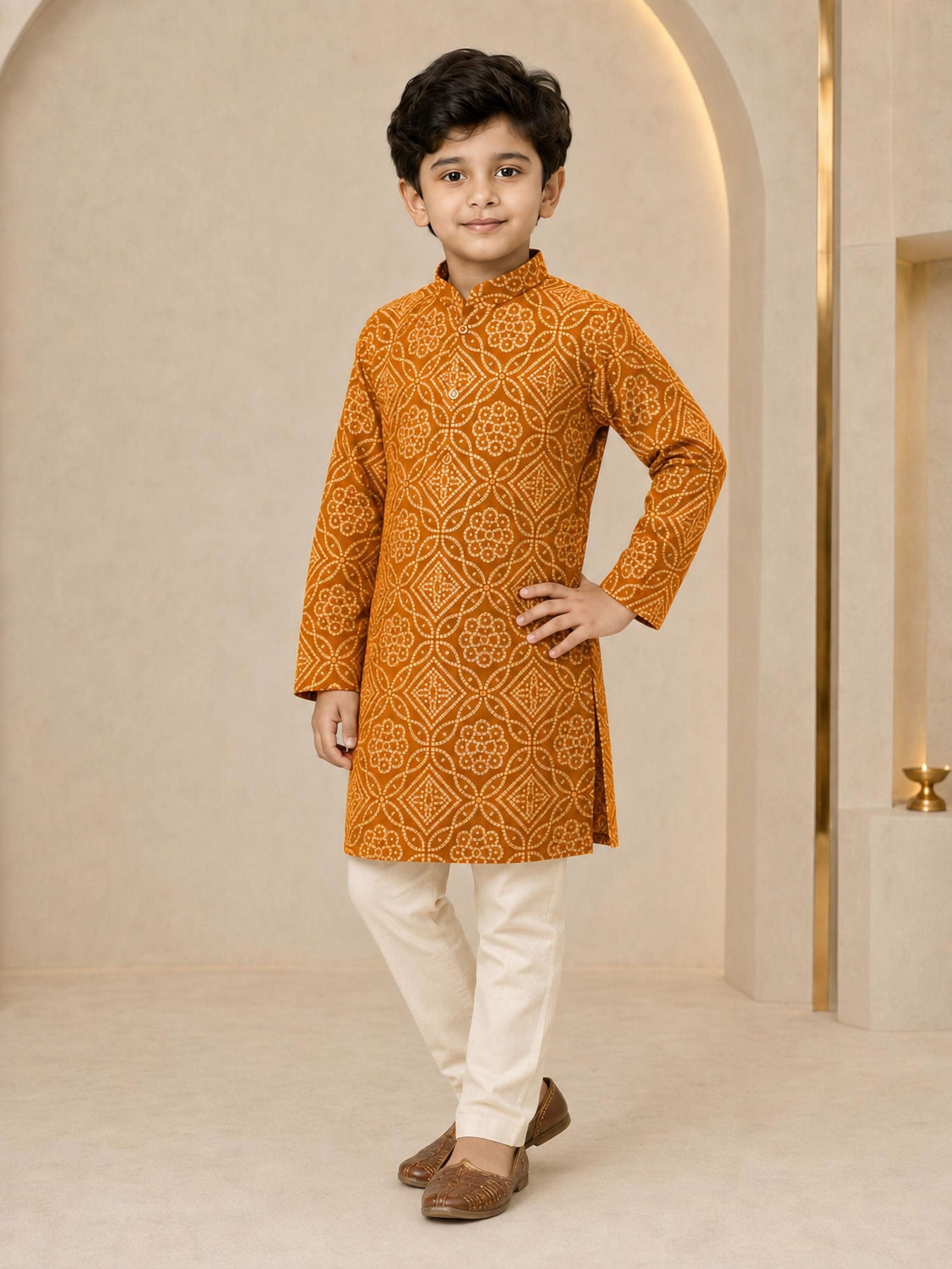 Boy Mustard Rayon Kurta and Pyjama Set Festive, Festive Glitz, Indated Traditions, All regions, Navratri, Diwali Ethnic Wear