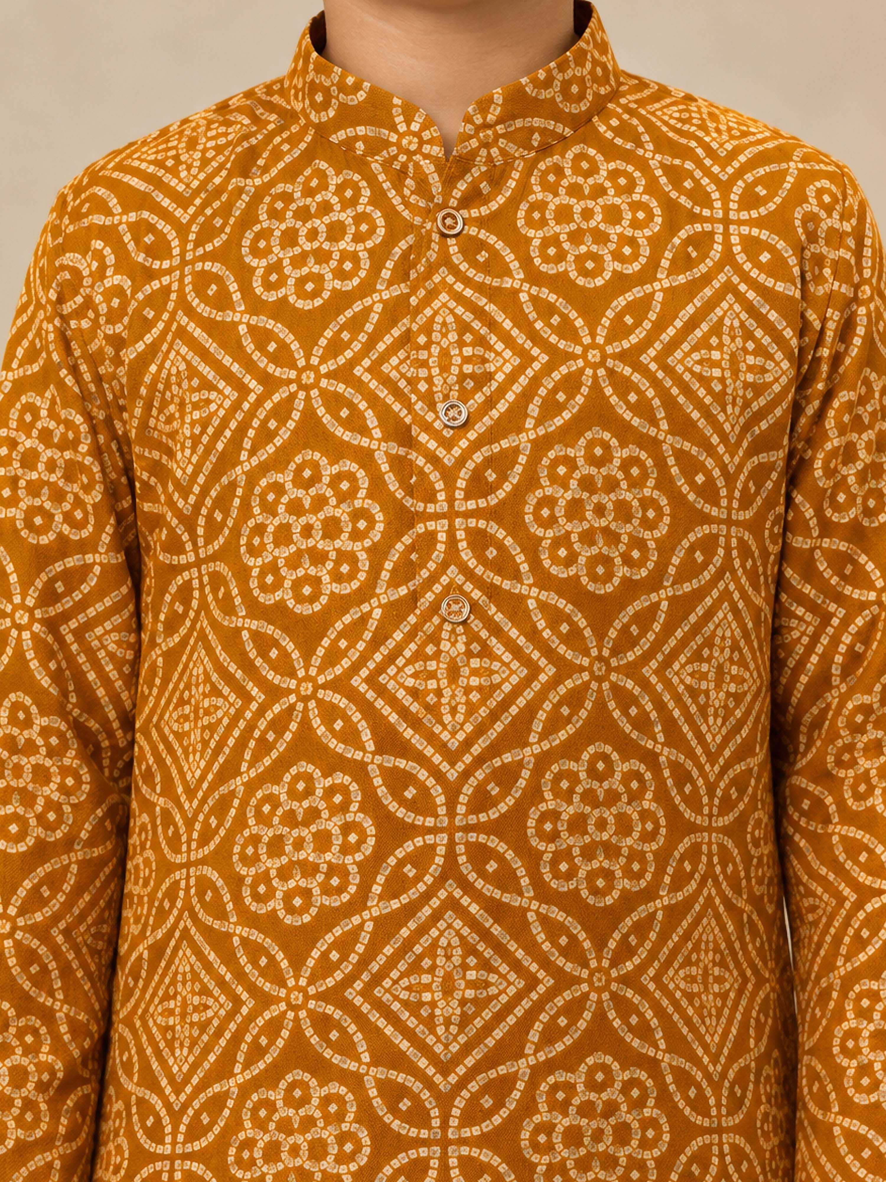 Boy's Mustard Rayon Geometric Print Knee Length Kurta and Pyjama Set