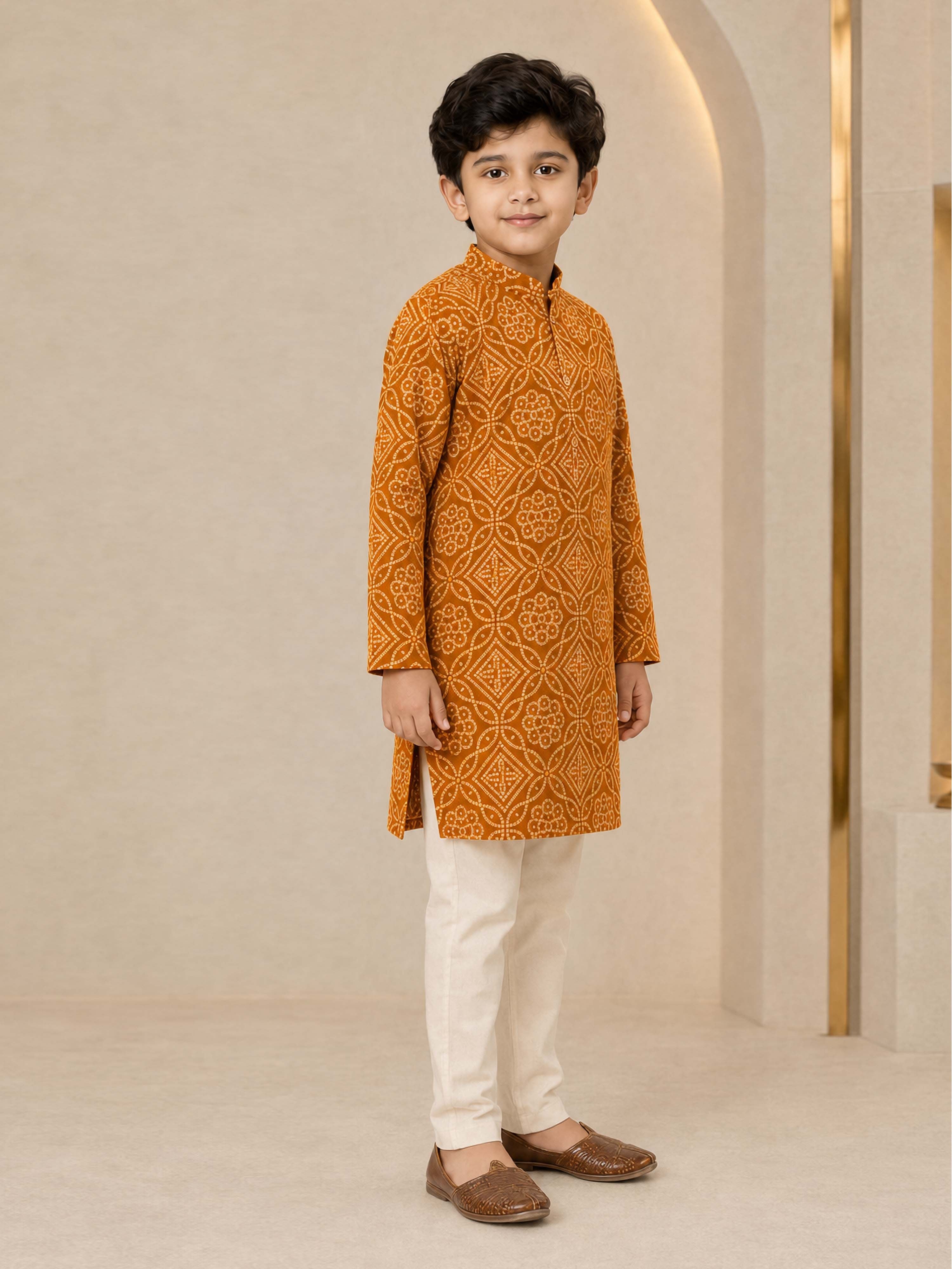 Boy's Mustard Rayon Geometric Print Knee Length Kurta and Pyjama Set