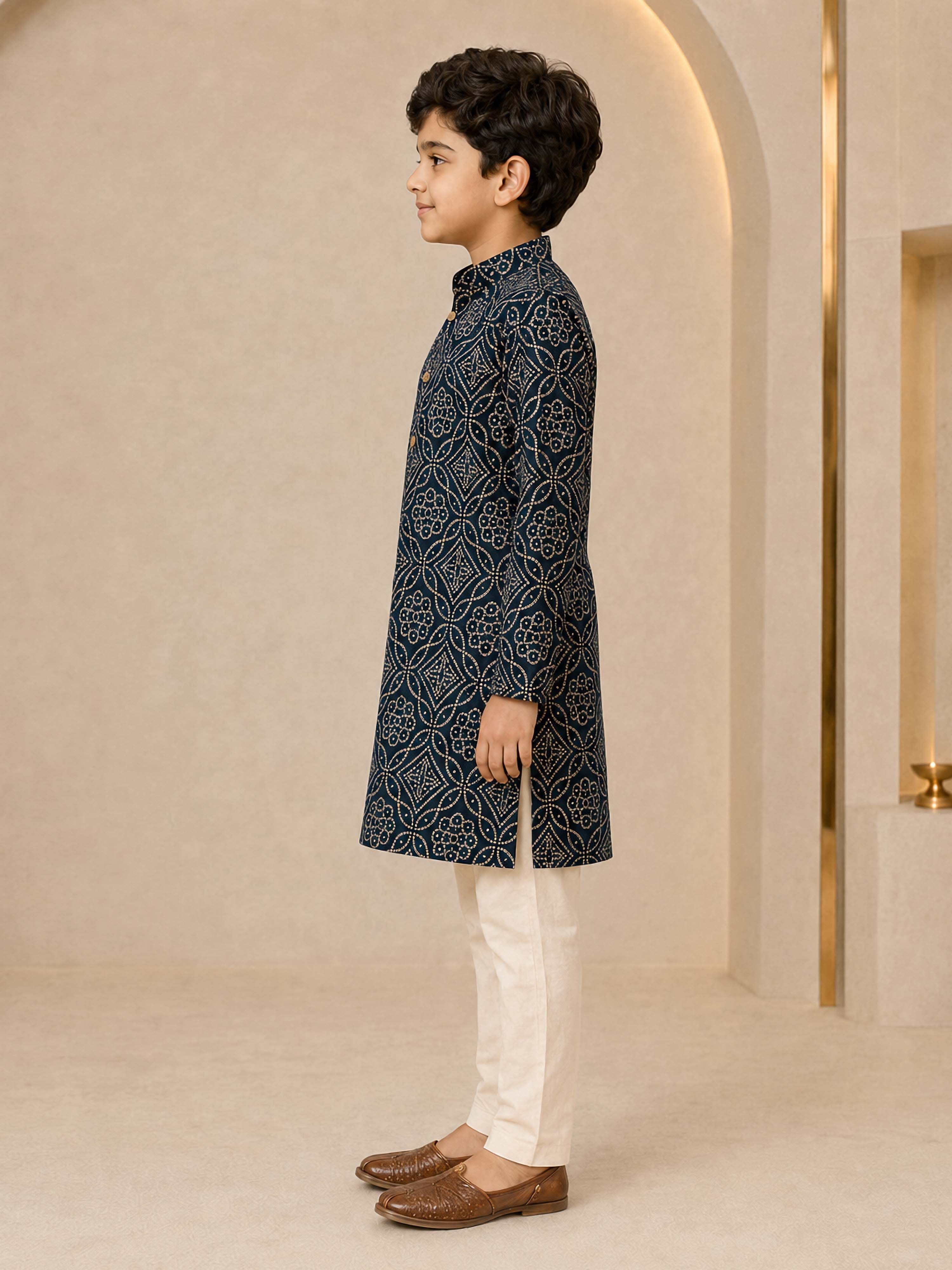 Boy's Navy Blue Rayon Geometric Print Knee Length Kurta and Pyjama Set