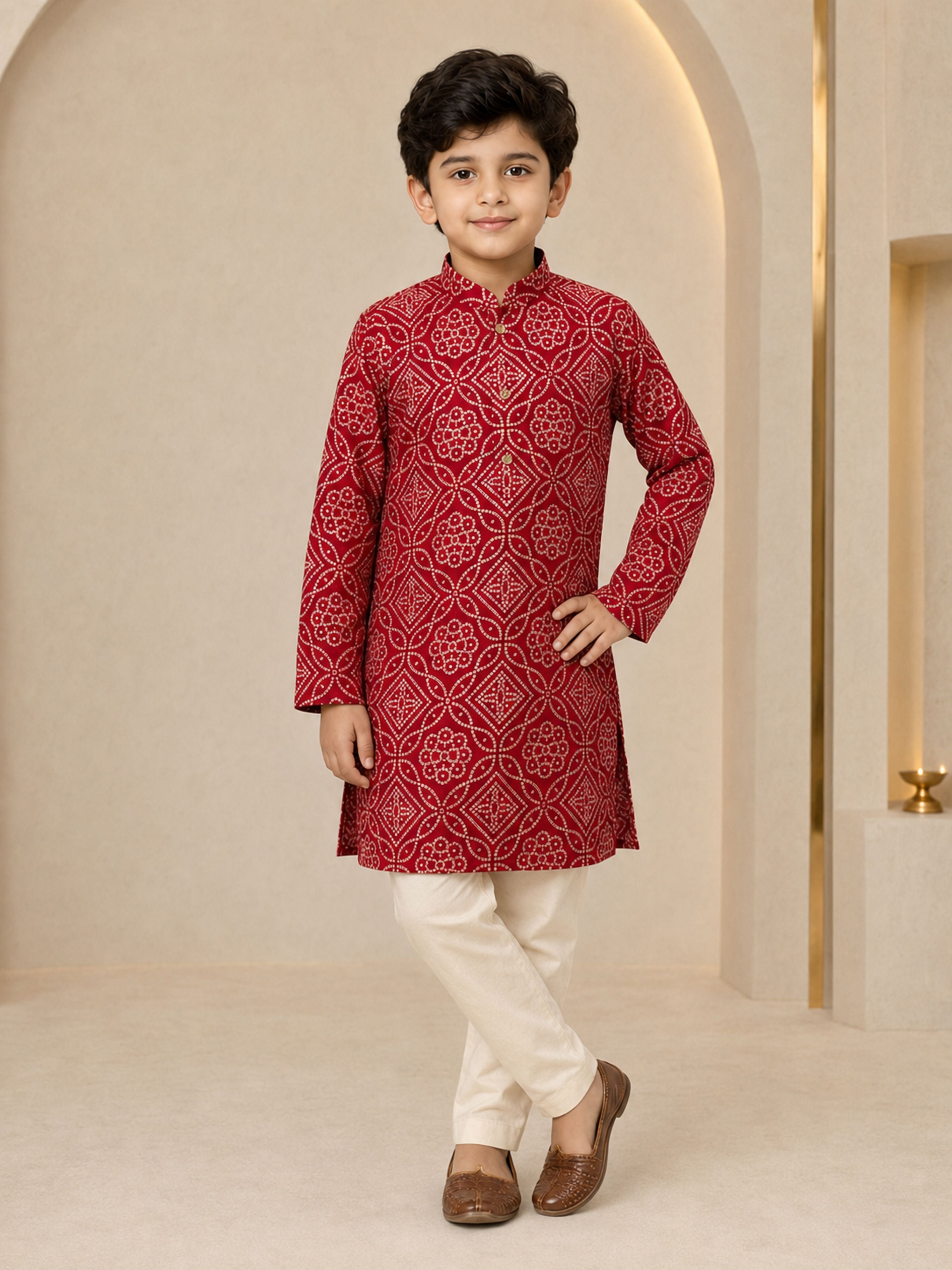 Boy Red Rayon Kurta and Pyjama Set Festive, Festive Glitz, Indated Traditions, All regions, Navratri, Diwali Ethnic Wear