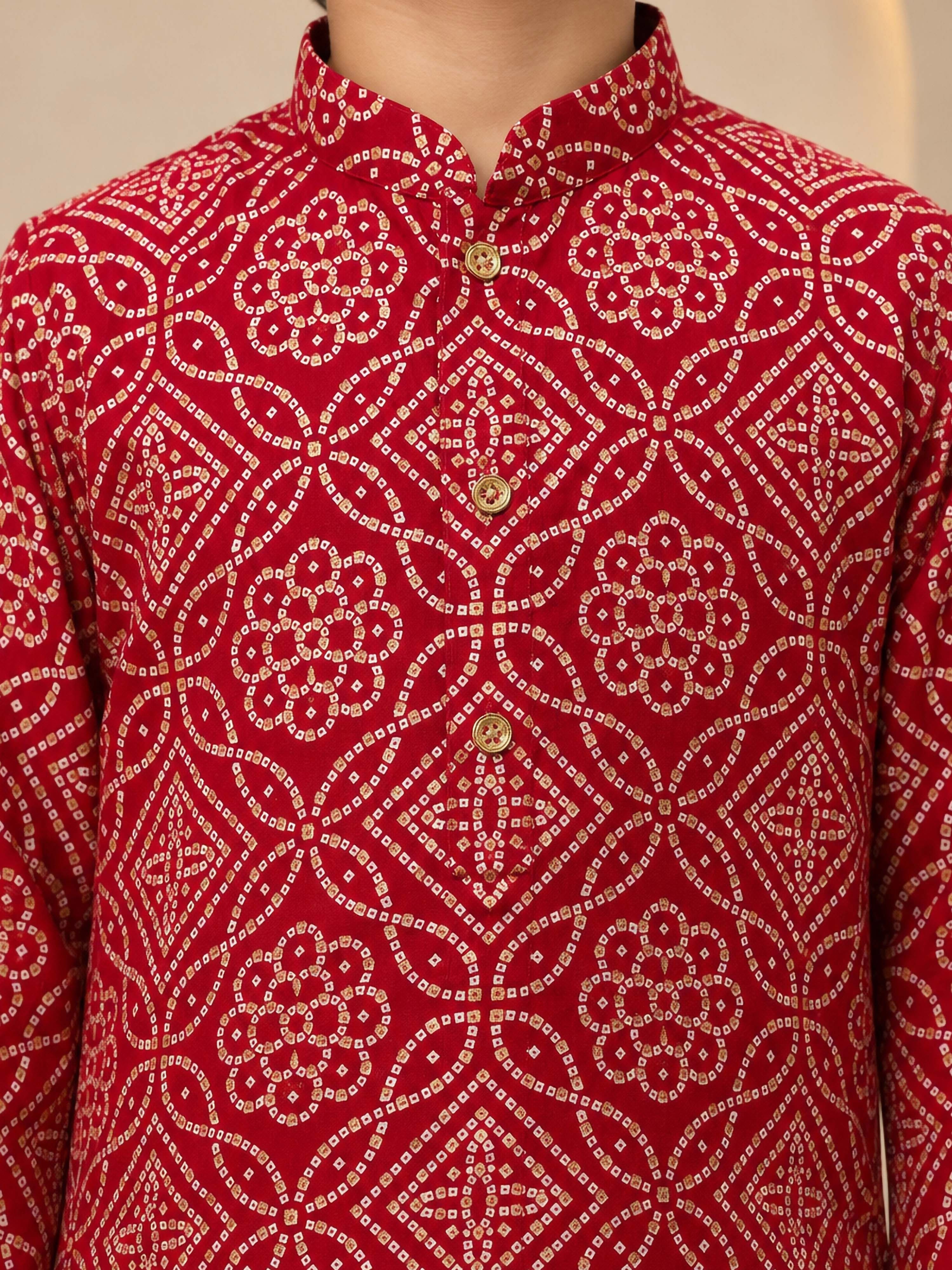 Boy's Red Rayon Geometric Print Knee Length Kurta and Pyjama Set