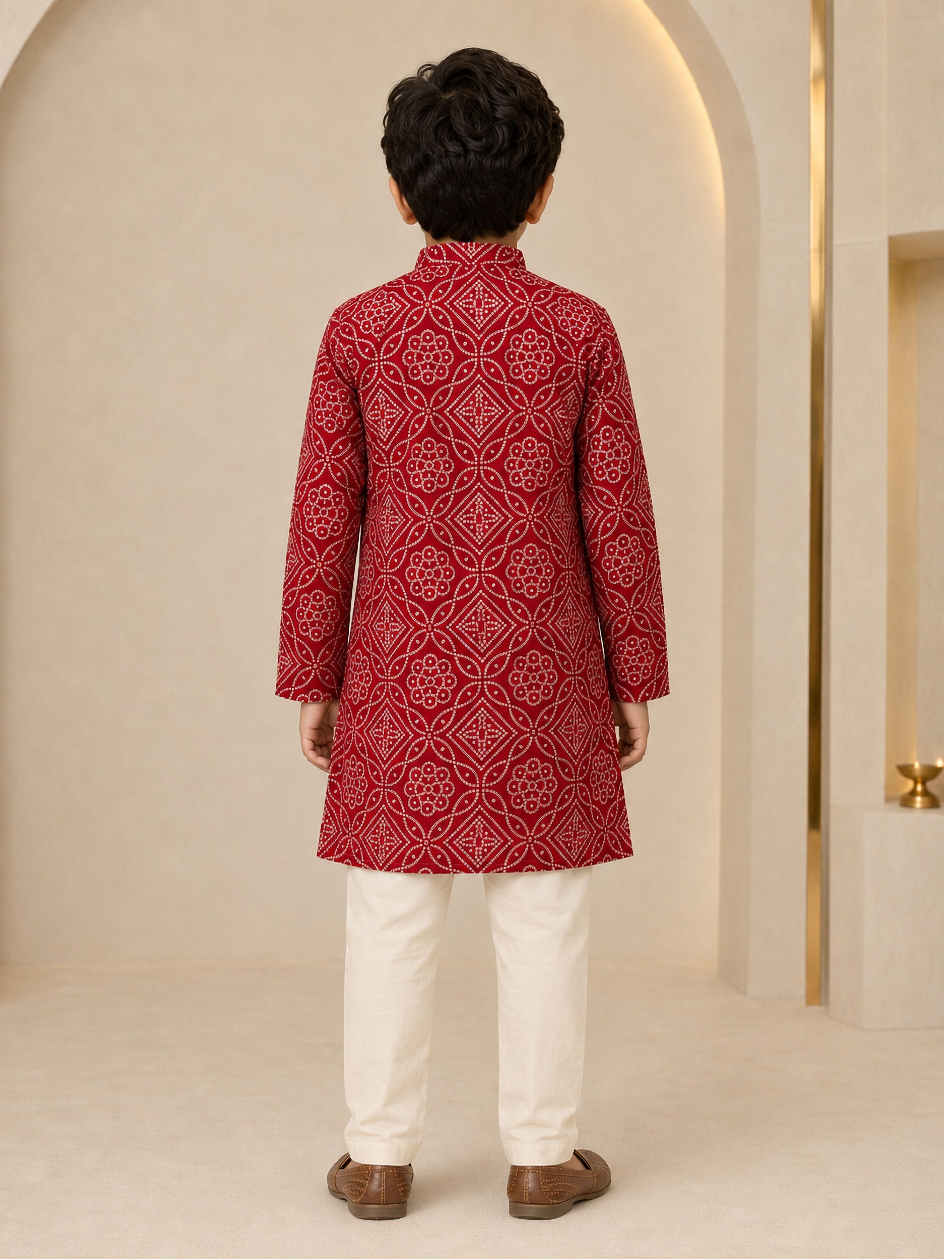 Boy's Red Rayon Geometric Print Knee Length Kurta and Pyjama Set