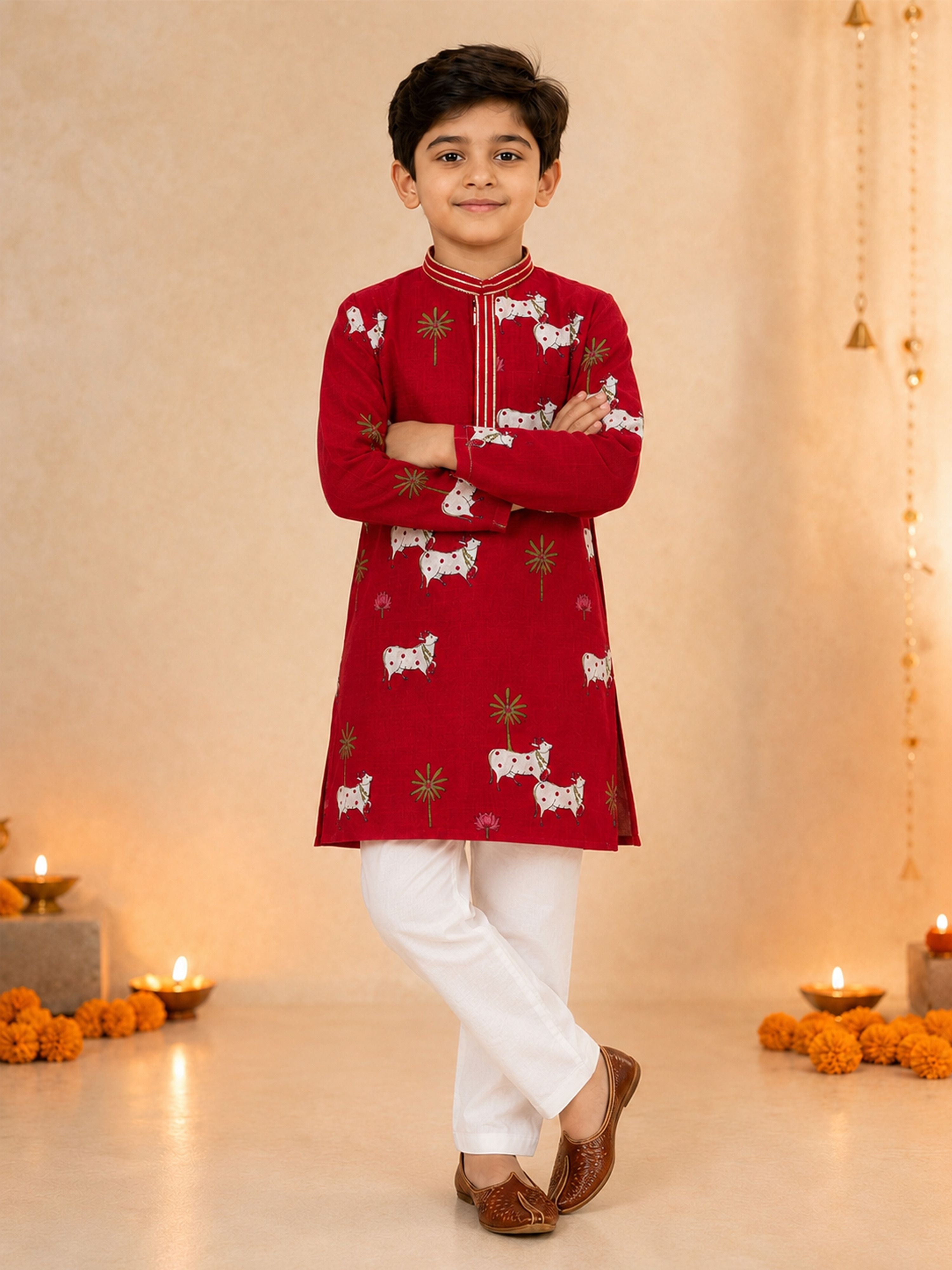 Boy Maroon Cotton Kurta and Pyjama Set Festive, Festive Glitz, Indated Traditions, All regions, Janmastami, Raksha Bandhan Ethnic Wear