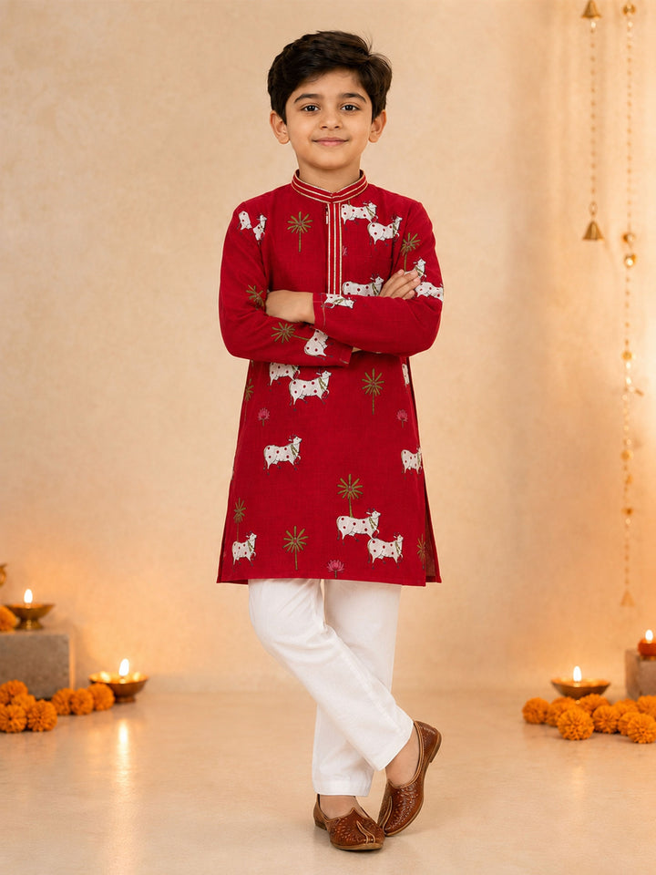 Boy Maroon Cotton Kurta and Pyjama Set Festive, Festive Glitz, Indated Traditions, All regions, Janmastami, Raksha Bandhan Ethnic Wear