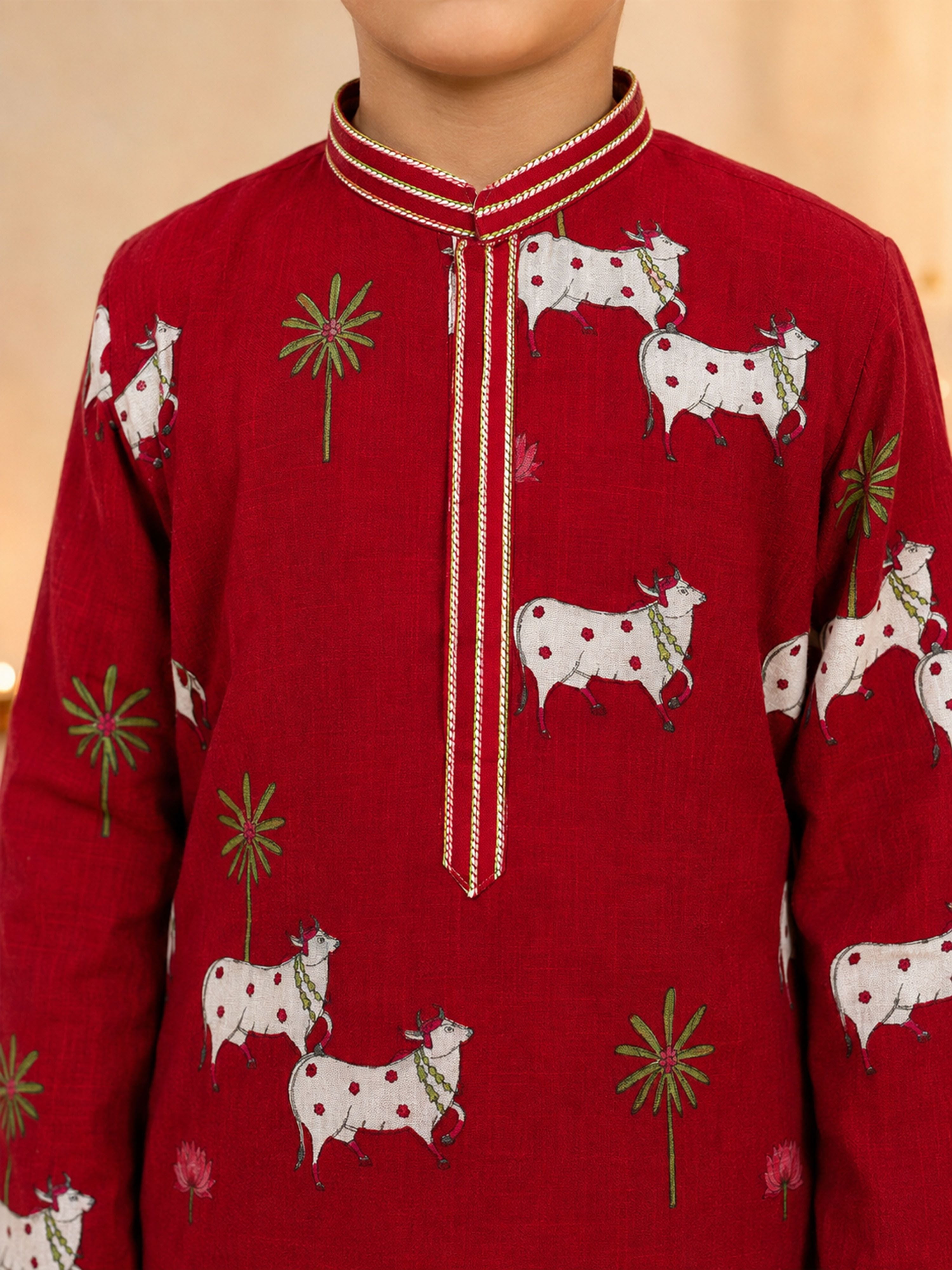 Boy's Maroon Cotton Printed Knee Length Kurta and Pyjama Set