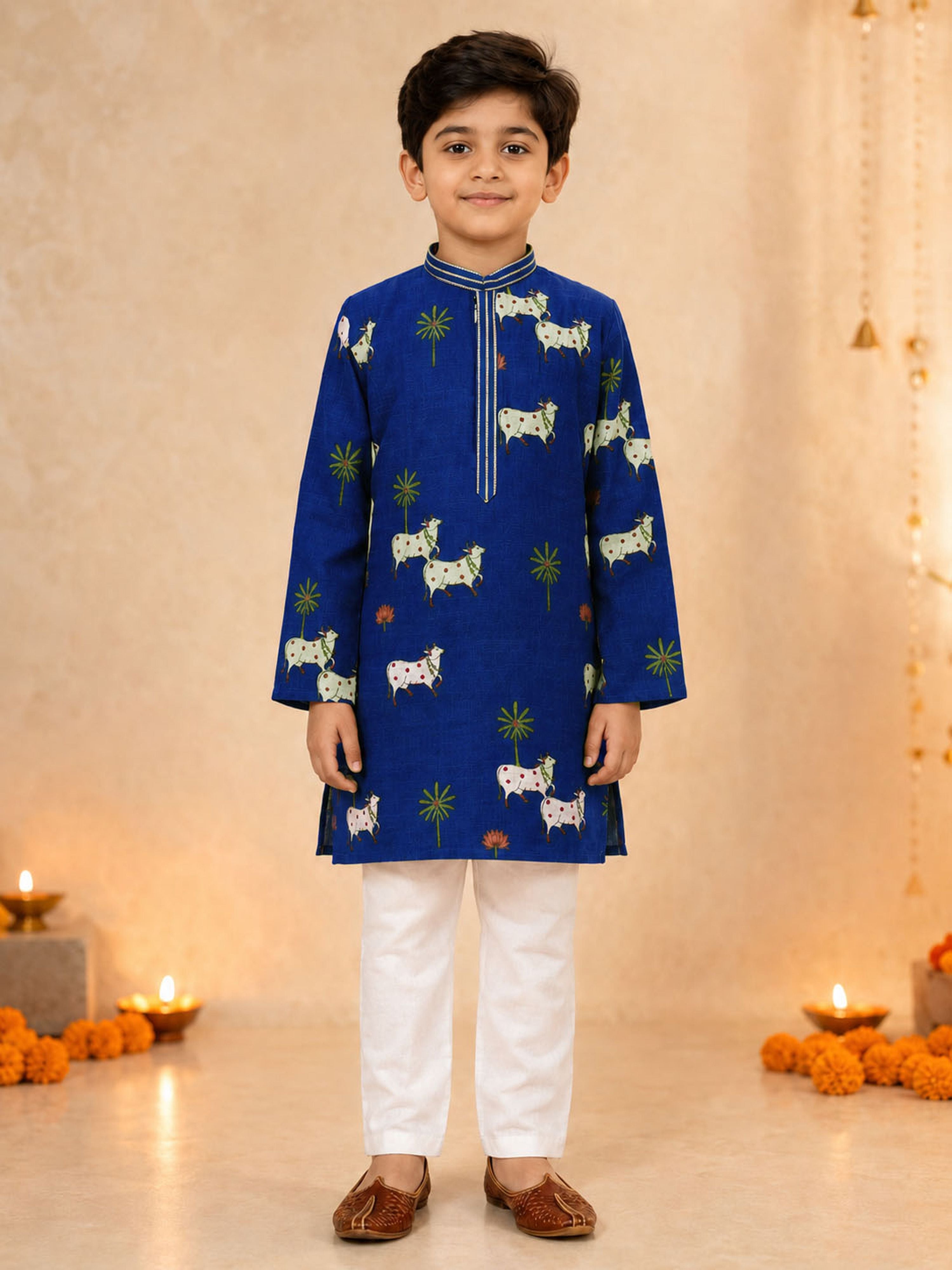 Boy's Navy Blue Cotton Printed Knee Length Kurta and Pyjama Set