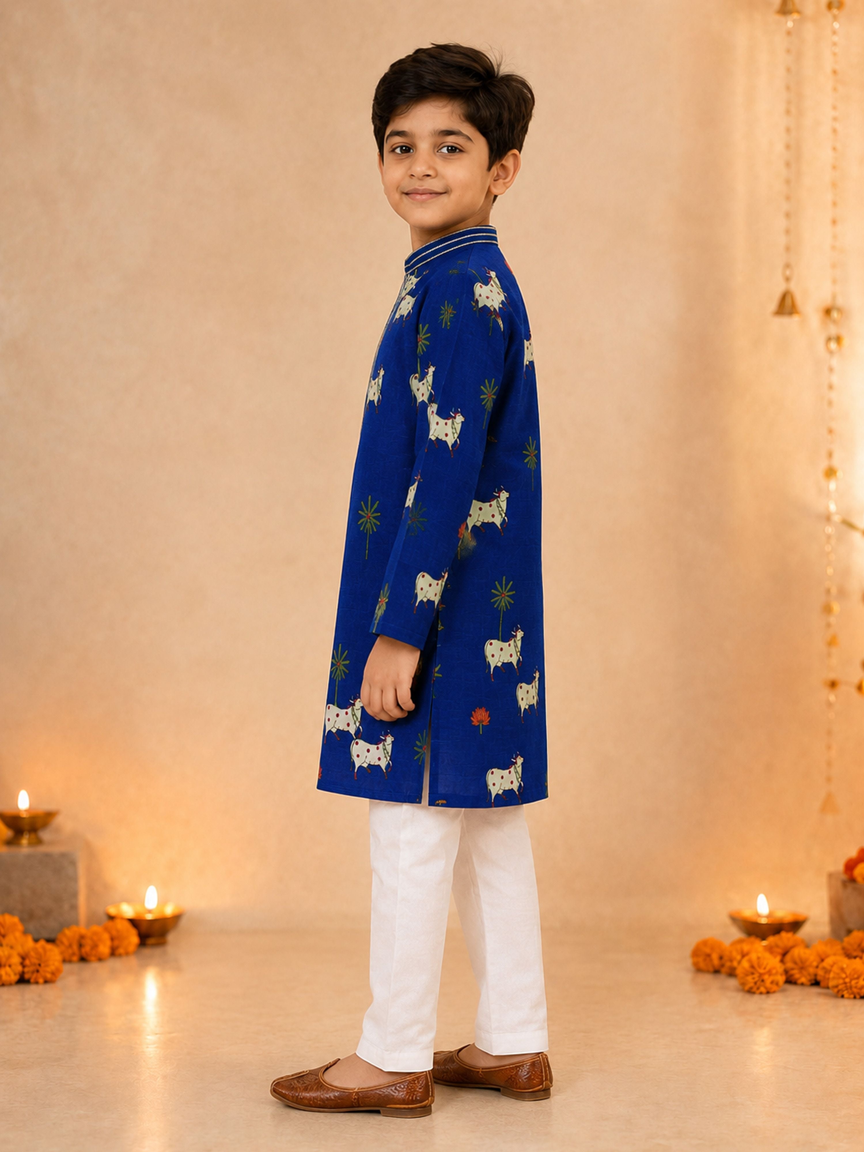 Boy's Navy Blue Cotton Printed Knee Length Kurta and Pyjama Set