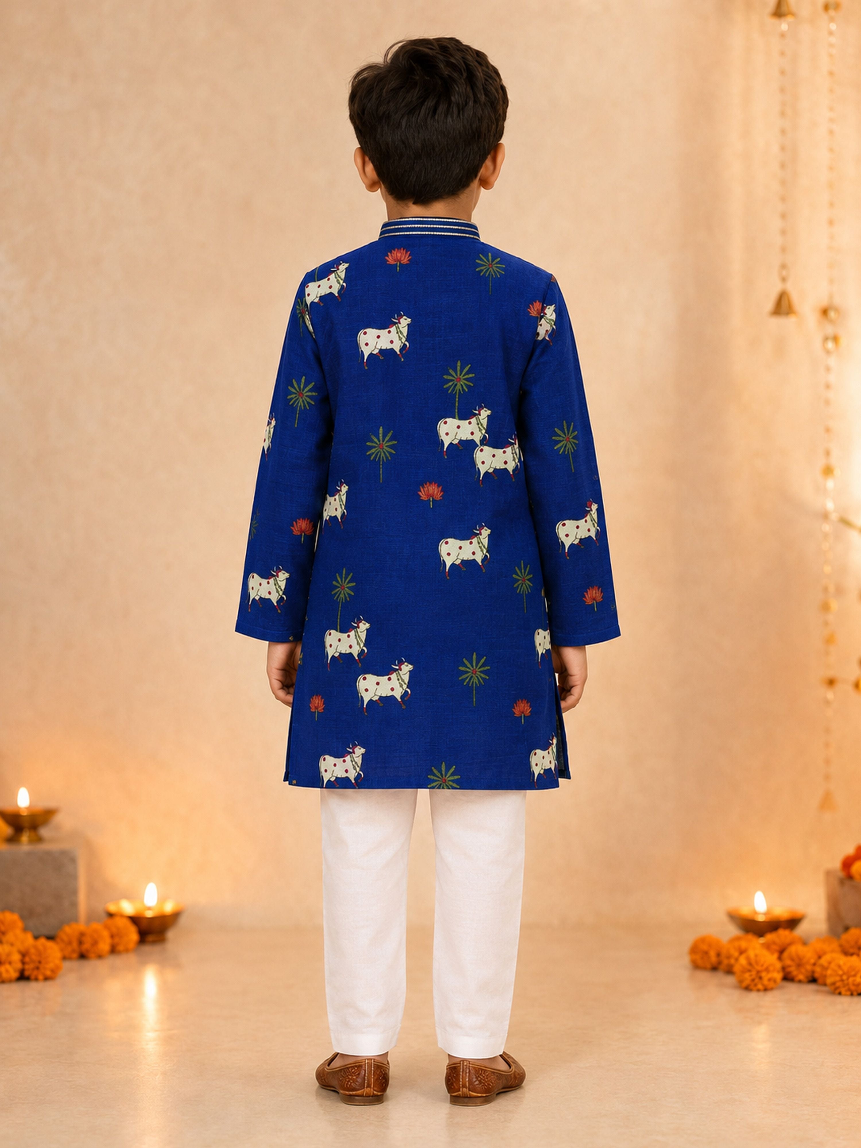 Boy's Navy Blue Cotton Printed Knee Length Kurta and Pyjama Set
