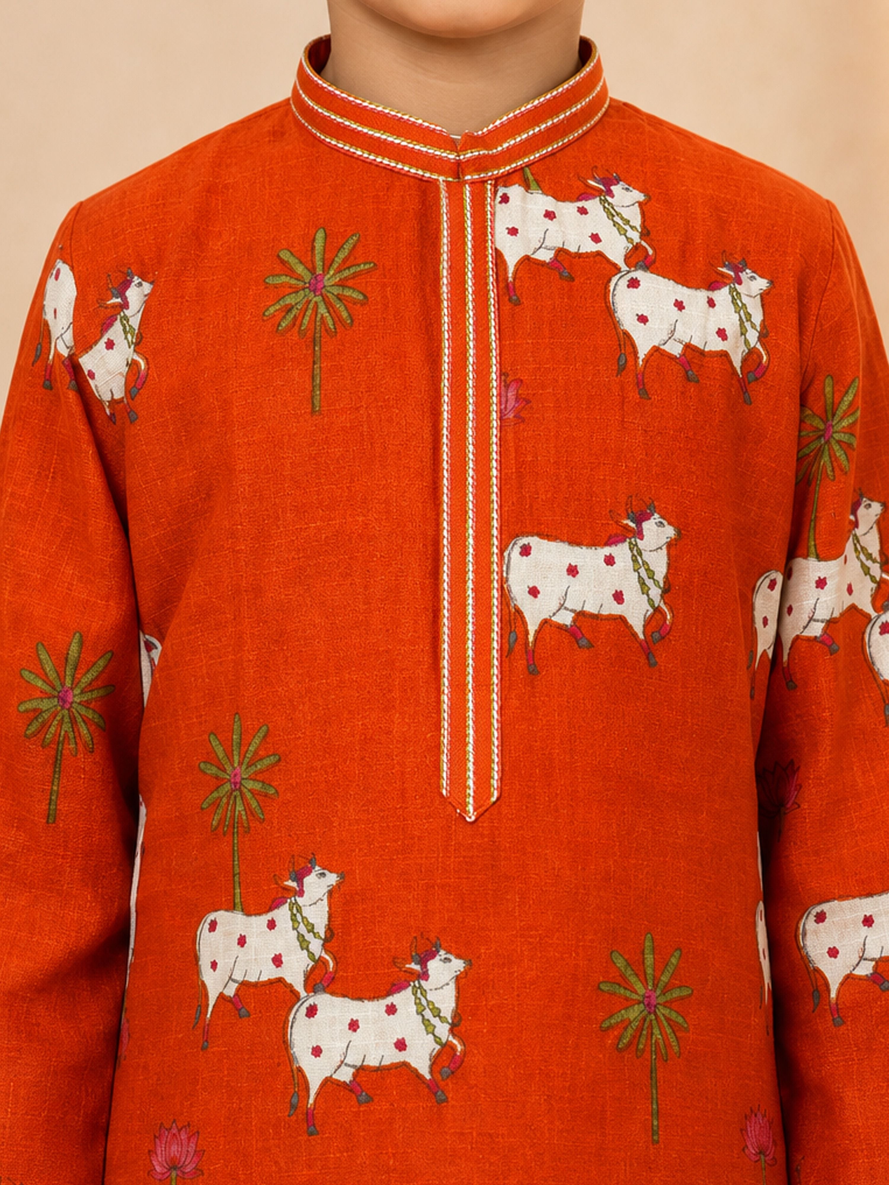 Boy's Orange Cotton Printed Knee Length Kurta and Pyjama Set