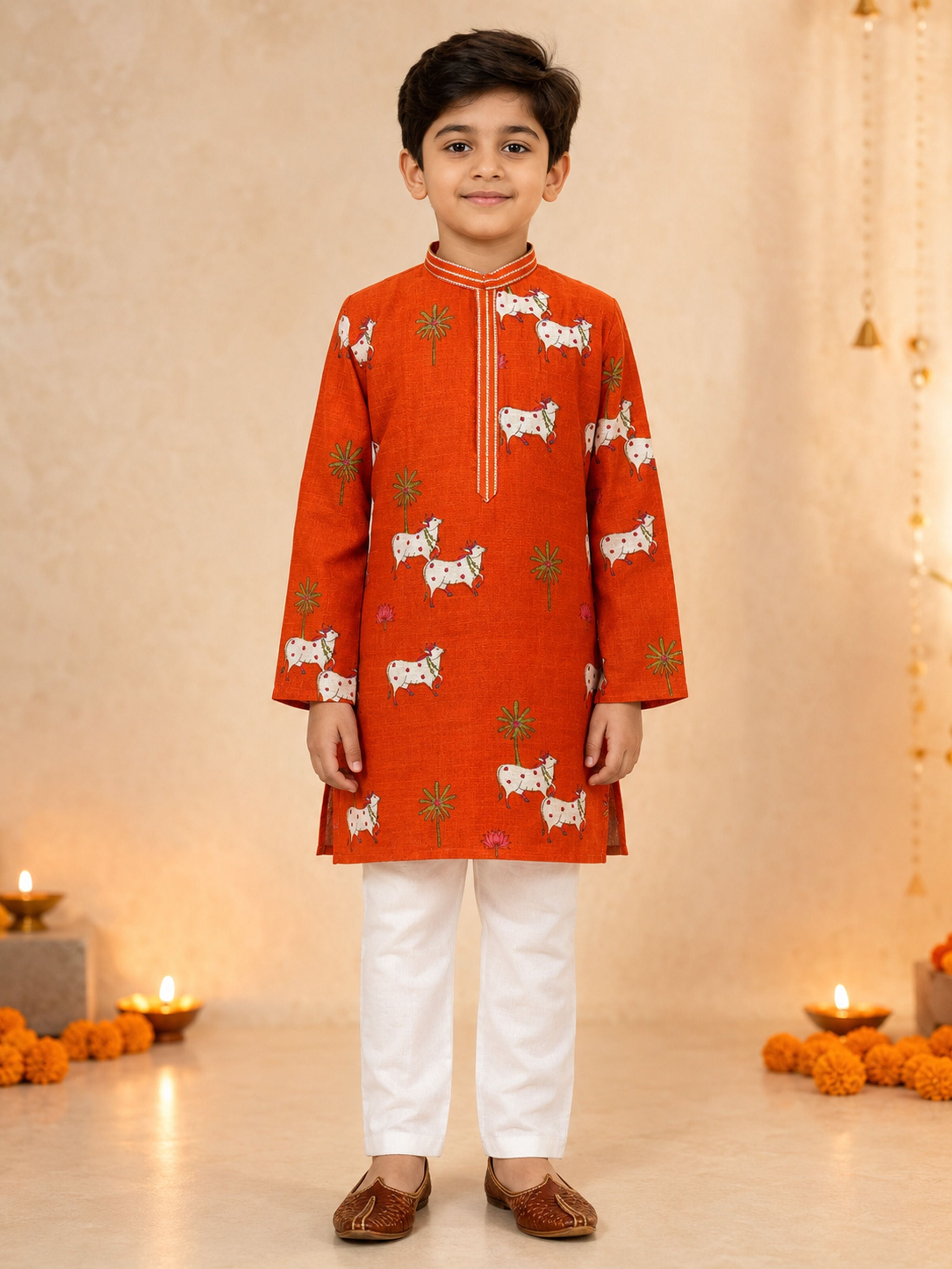 Boy's Orange Cotton Printed Knee Length Kurta and Pyjama Set