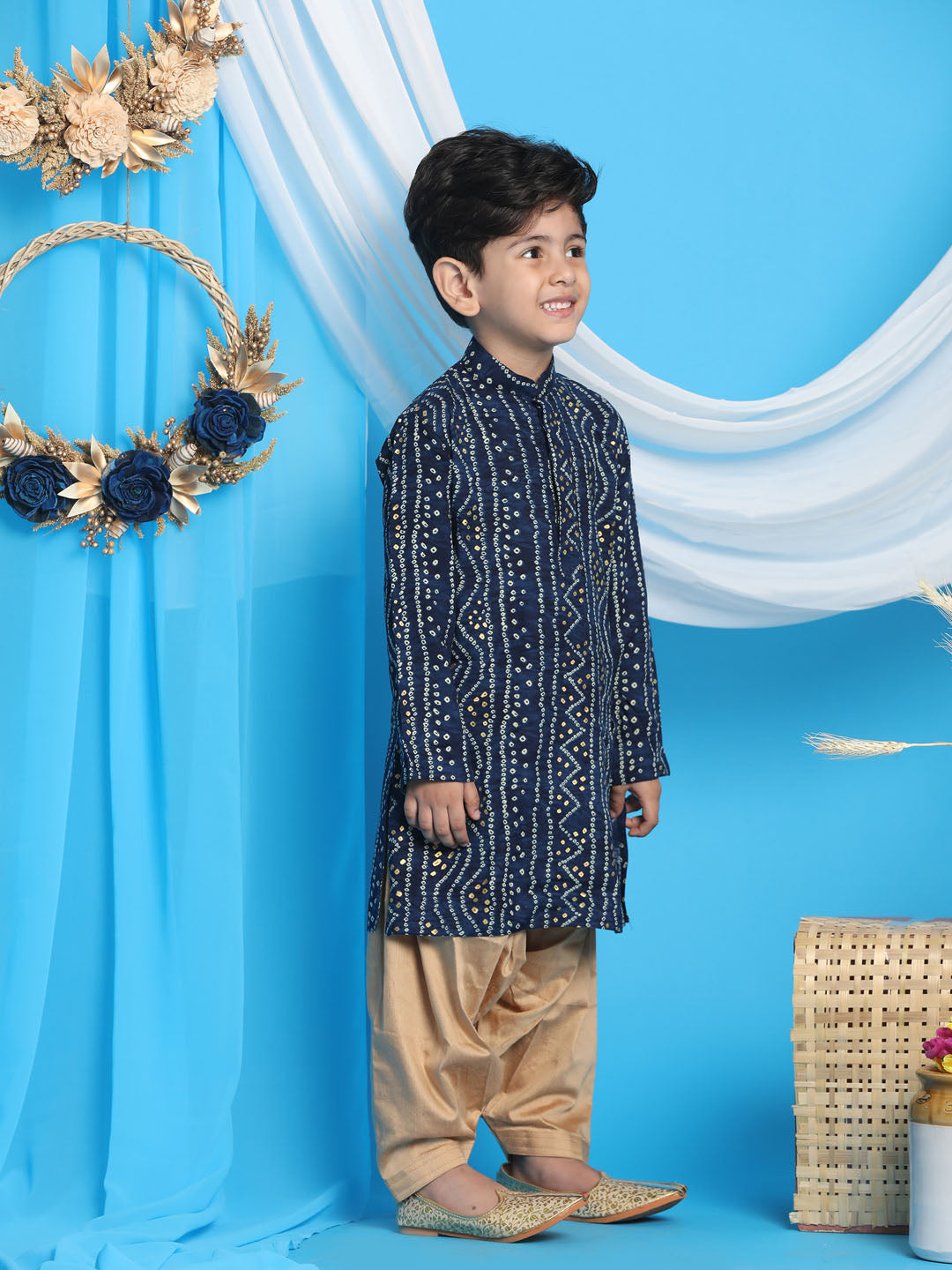 Boy's' Blue Bandhni Print Kurta And Rose Gold Patiyala Set