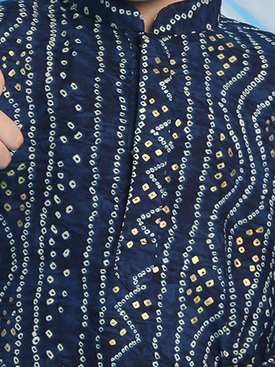 Boy's' Blue Bandhni Print Kurta And Rose Gold Patiyala Set