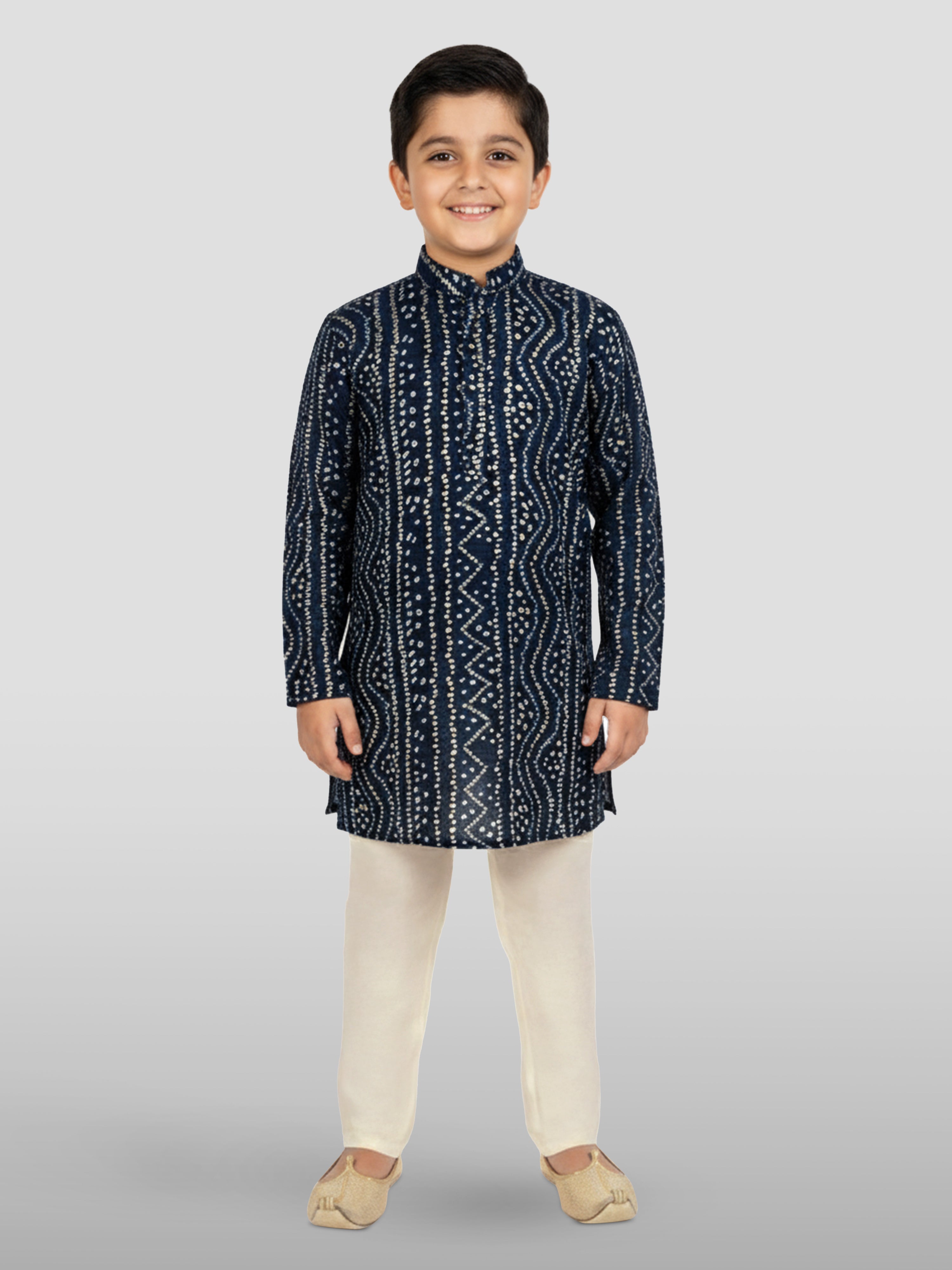 Boys Blue Rayon Bandhani Kurta Pyjama Set