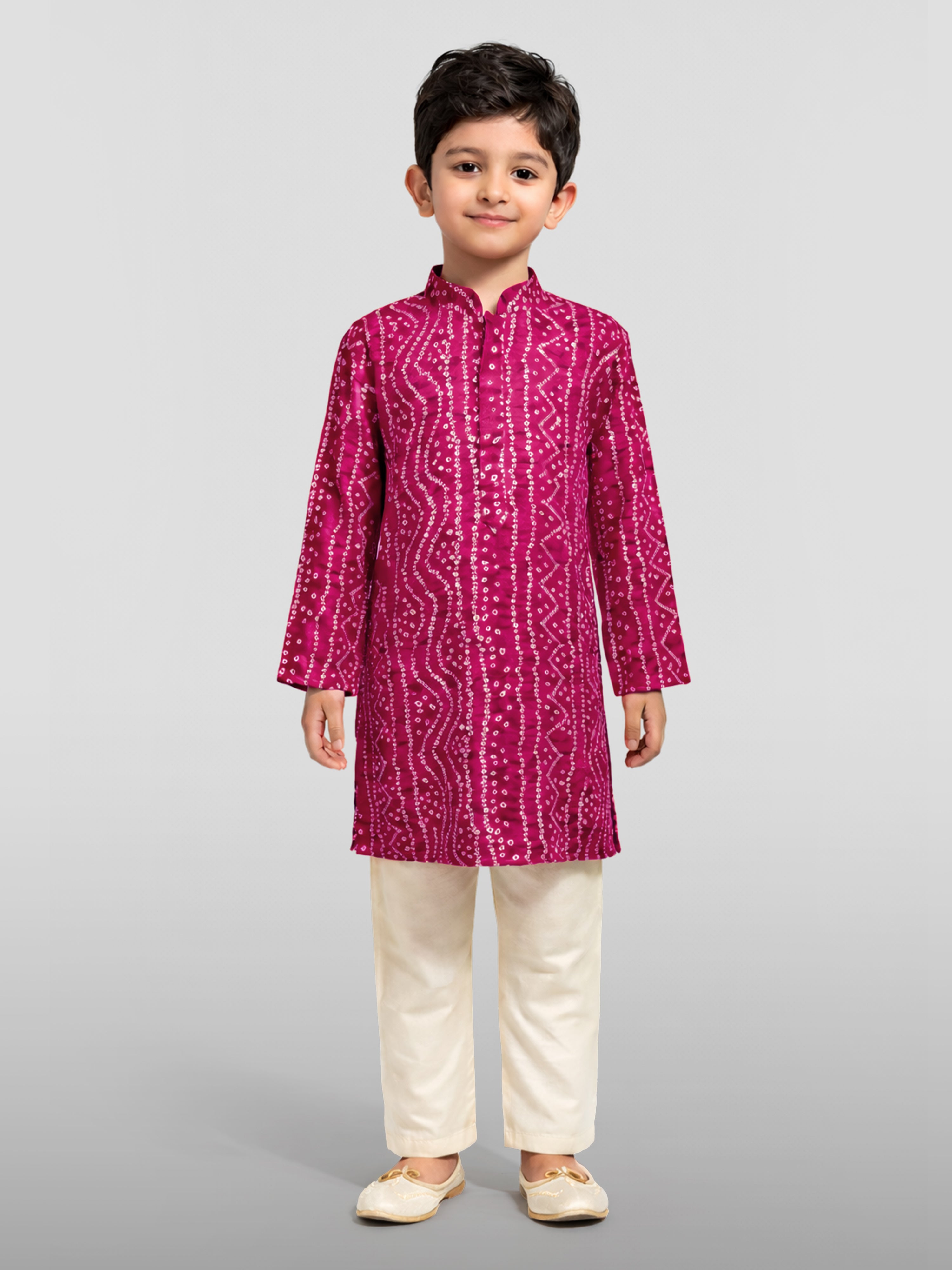 Boy's Falsa Cotton Bandhani Print Kurta Pyjama