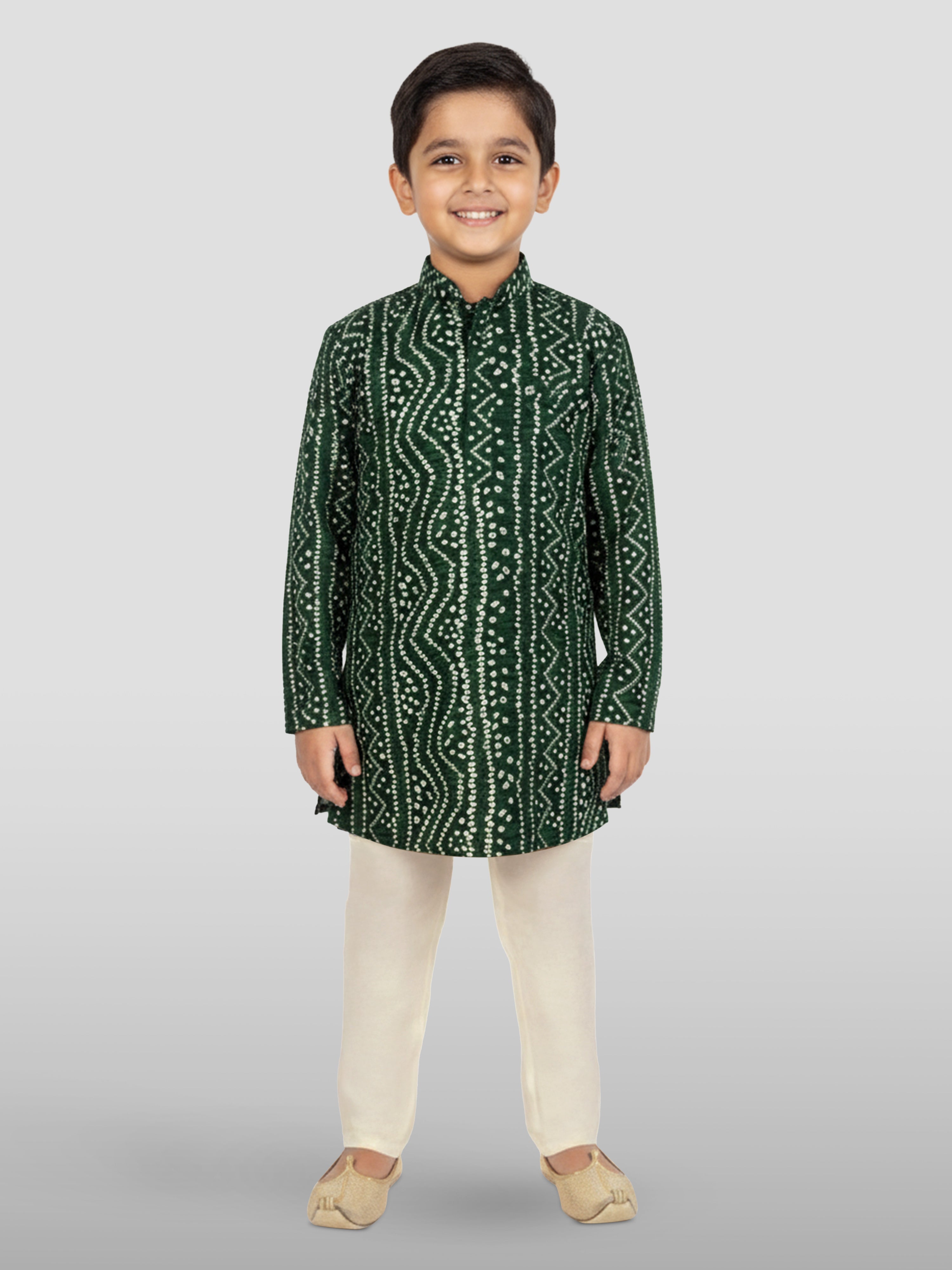 Boys Green Rayon Bandhani Kurta Pyjama Set