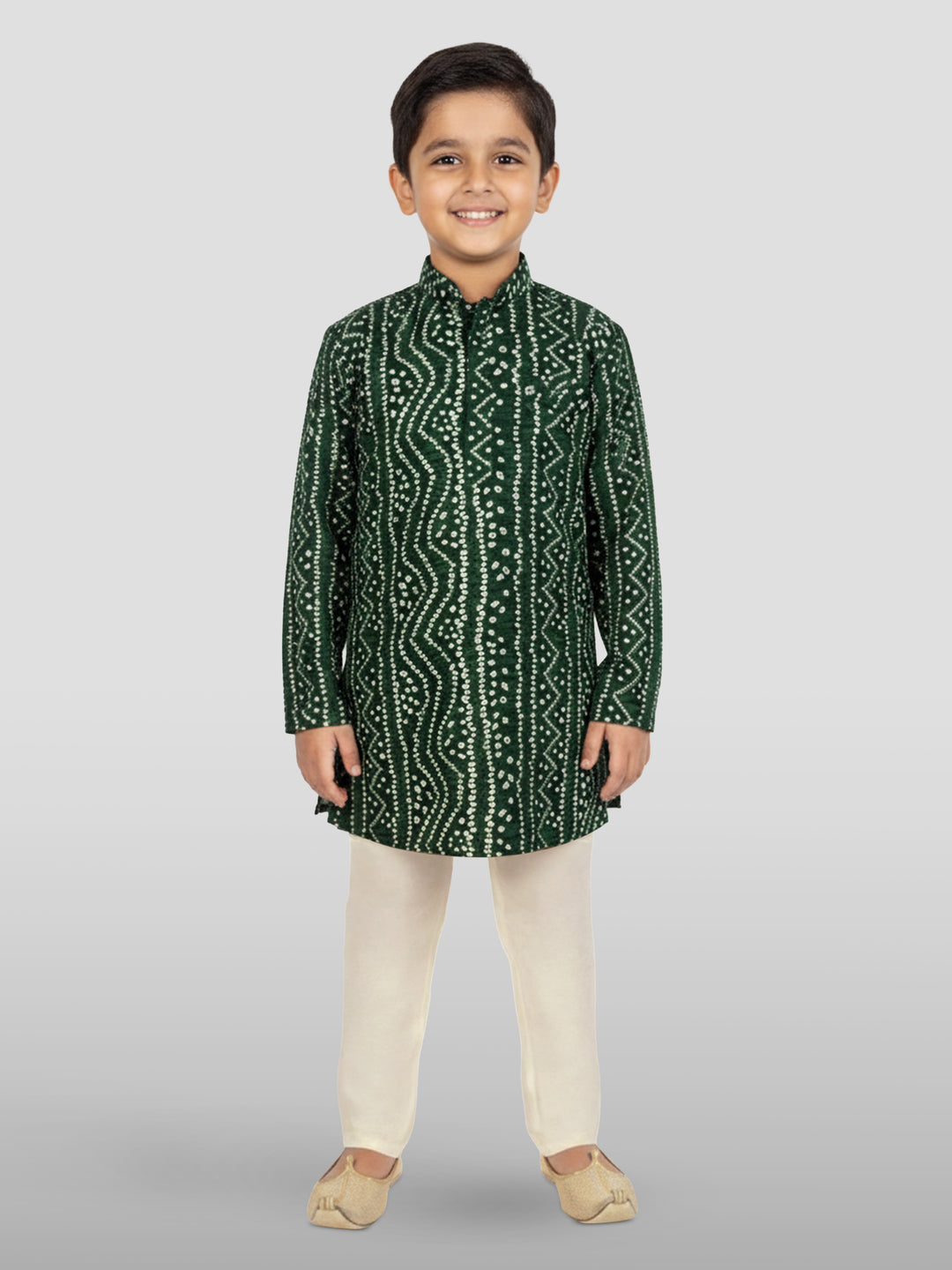 Boys Green Rayon Bandhani Kurta Pyjama Set