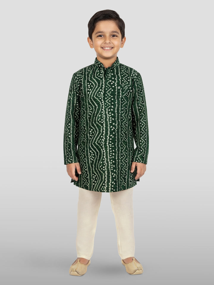 Boys Green Rayon Bandhani Kurta Pyjama Set