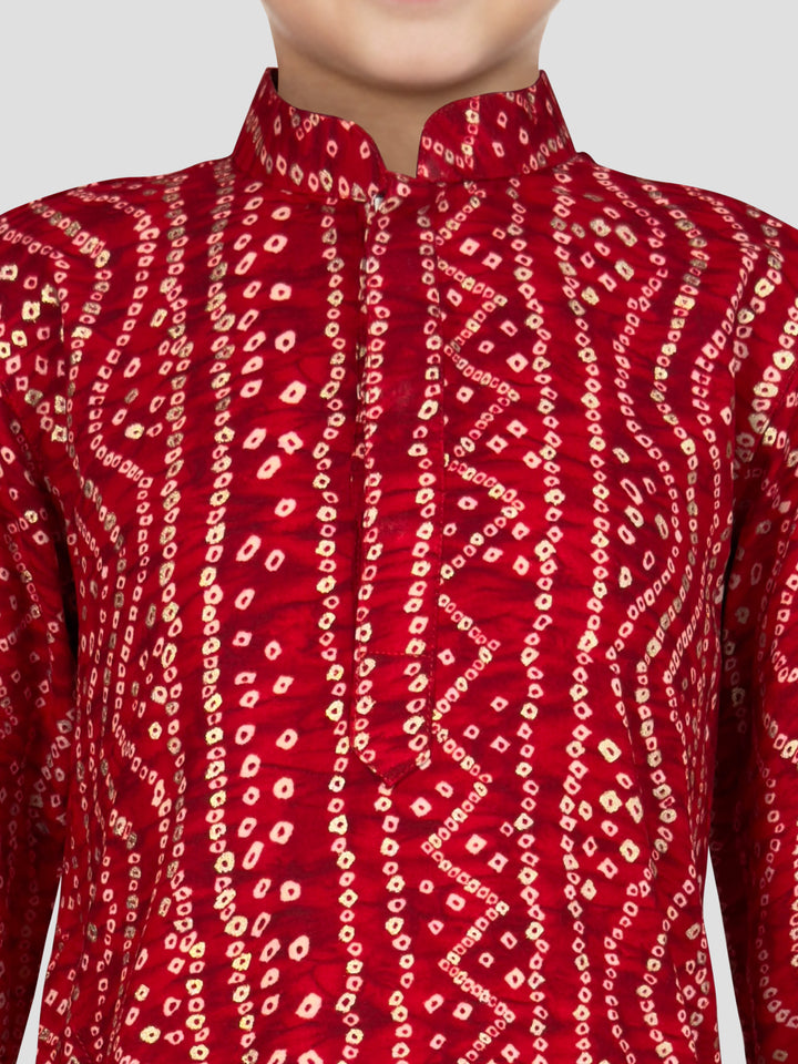 Boys Maroon Rayon Bandhani Kurta Pyjama Set