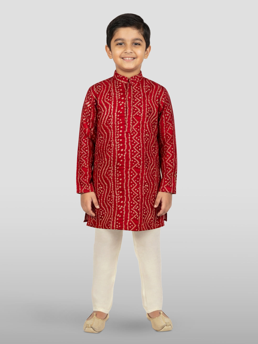 Boys Maroon Rayon Bandhani Kurta Pyjama Set