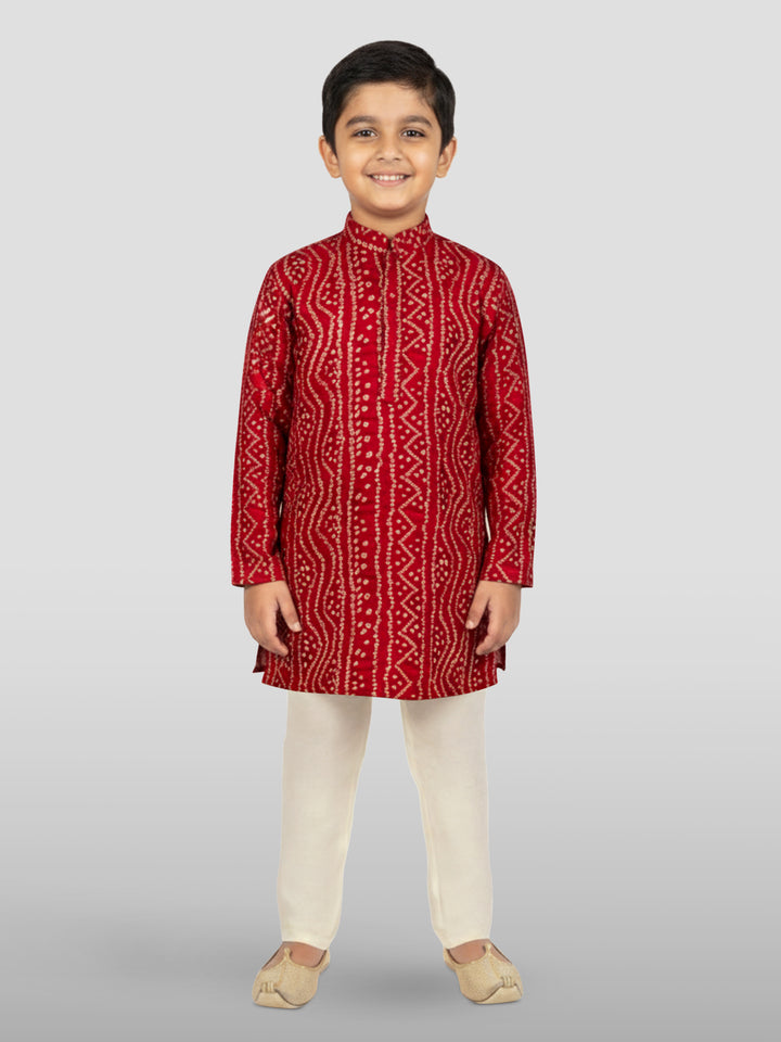 Boys Maroon Rayon Bandhani Kurta Pyjama Set