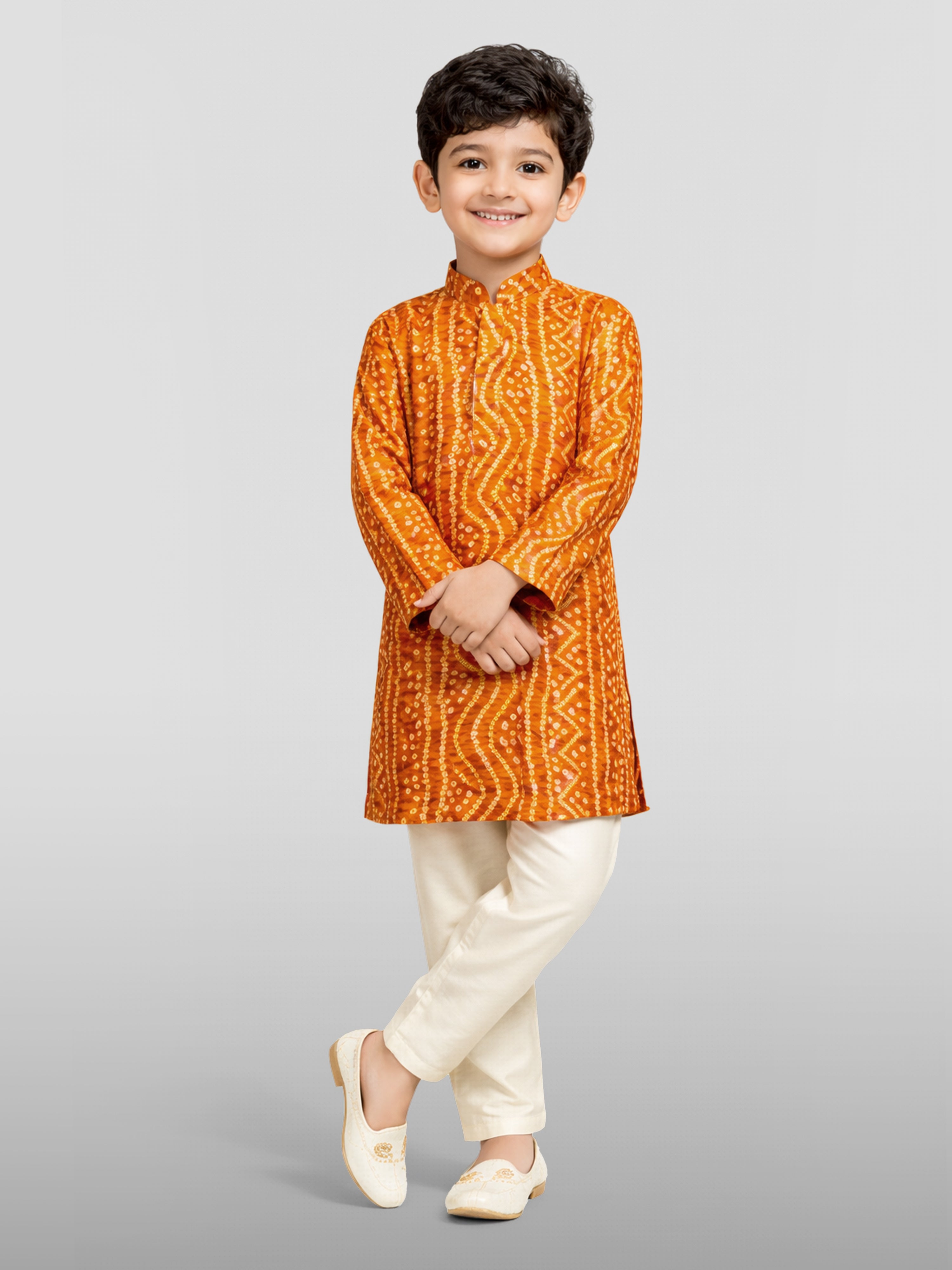 Boys Falsa Pure Cotton Bandhani Digital Print Kurta Pyjama Set