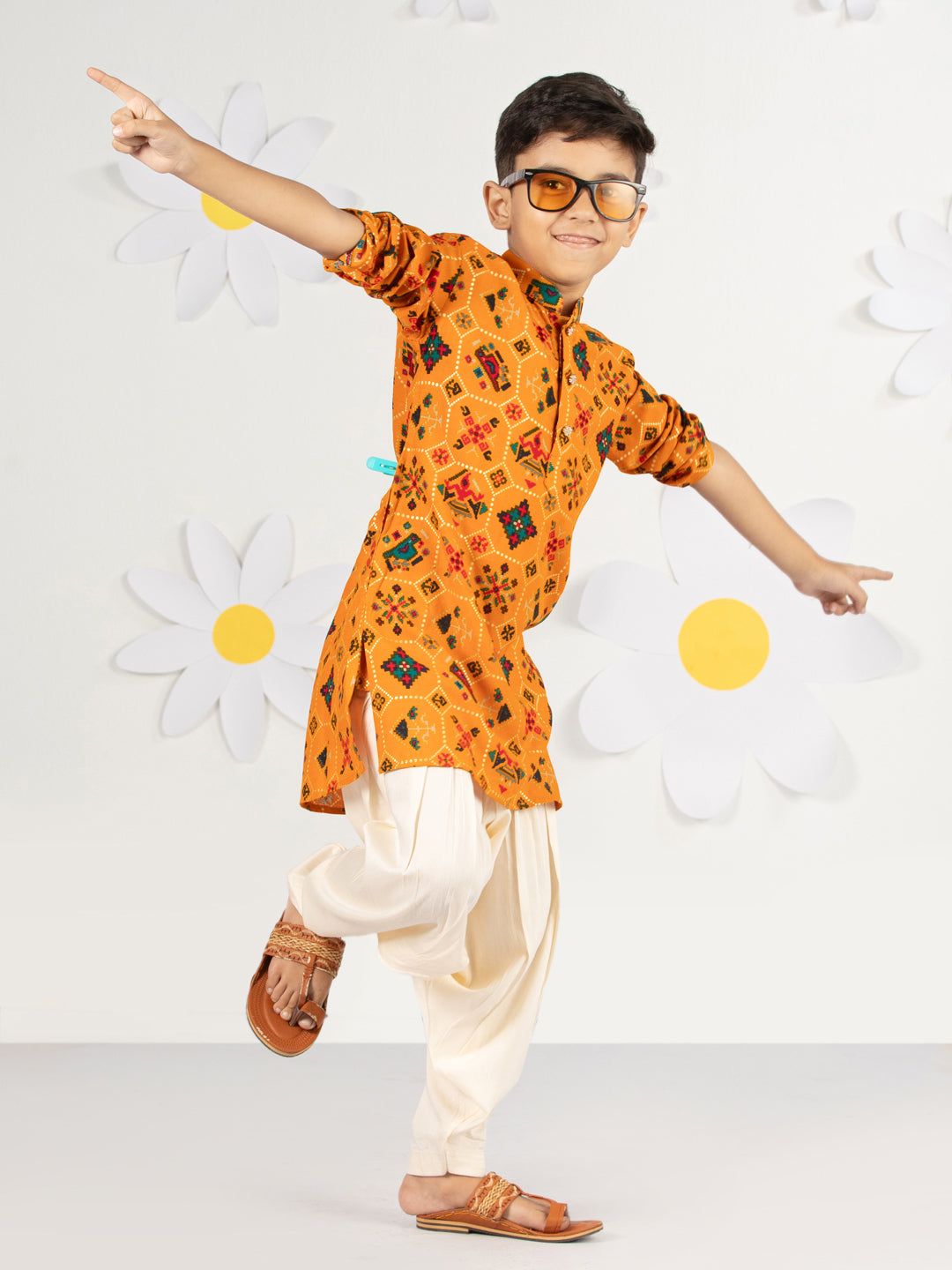 Boy's Mustard Kurta Patiala Set Foil Print