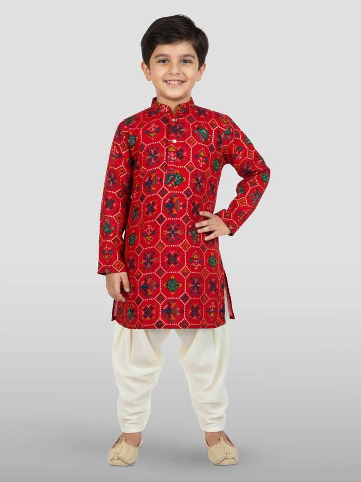 Boys Red Patola Kurta And Patiala Set