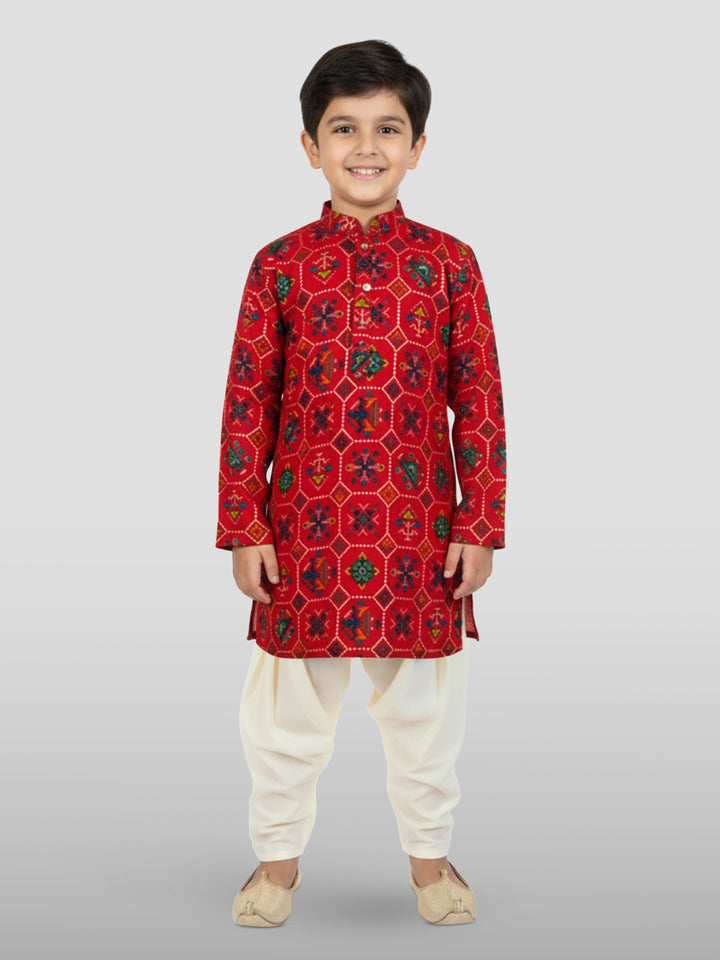 Boys Red Patola Kurta And Patiala Set