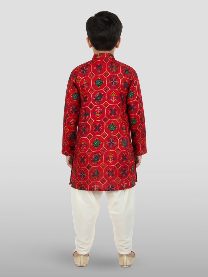 Boys Red Patola Kurta And Patiala Set