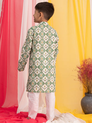 VASTRAMAY Green Ikkat Print Cotton Kurta Pyjama Sibling Set