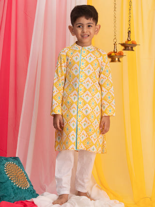 VASTRAMAY Boy's Yellow Ikkat Print Front Open Kurta with Pyjama Set