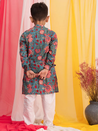 VASTRAMAY Boy's Blue Floral Print Front Open Kurta with Pyjama Set