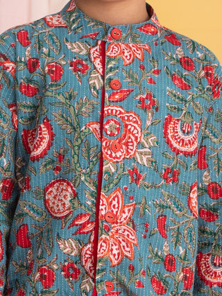 VASTRAMAY Boy's Blue Floral Print Front Open Kurta with Pyjama Set