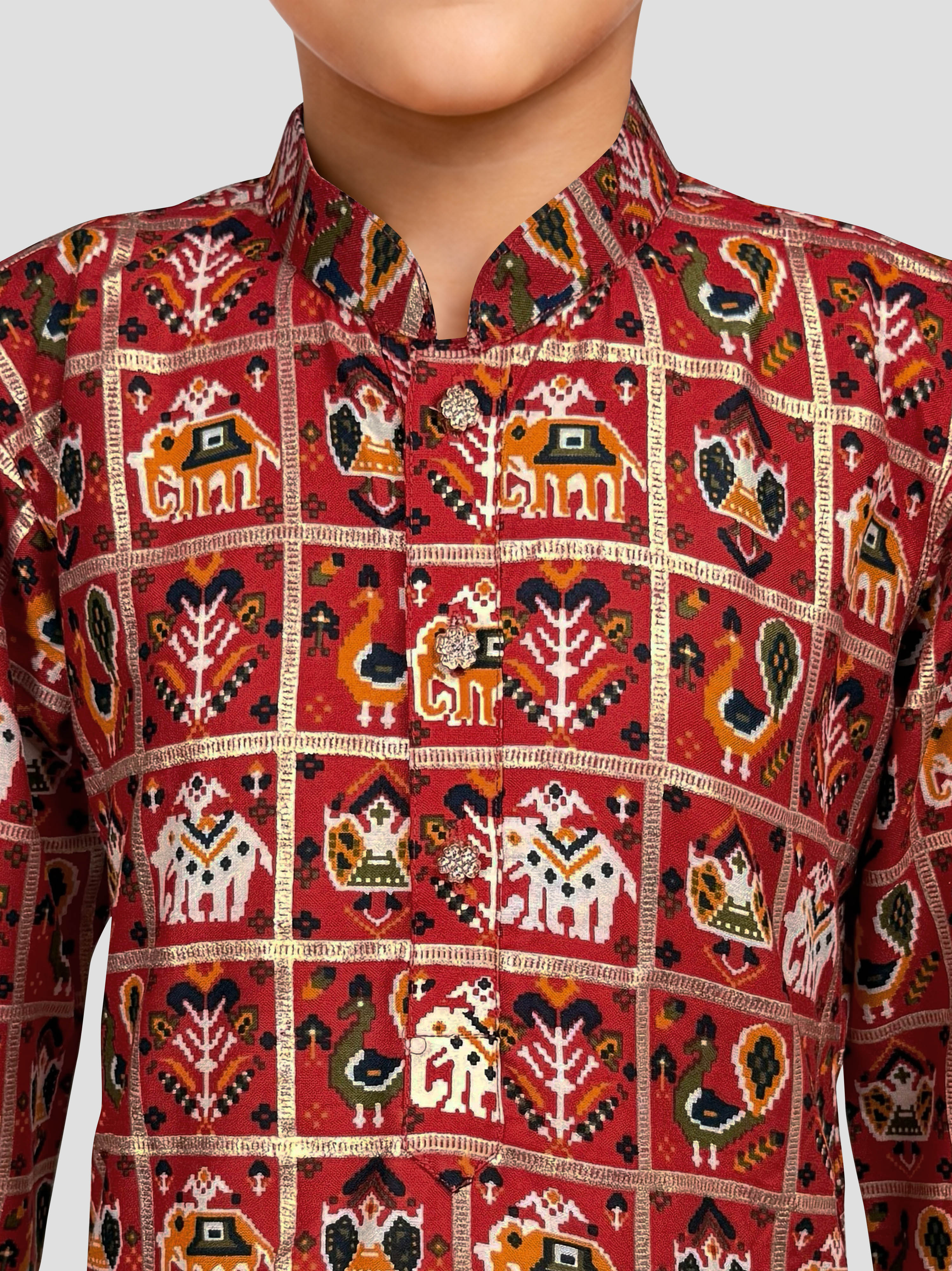 Boy's Red Rayon Patola Kurta Pyjama Set