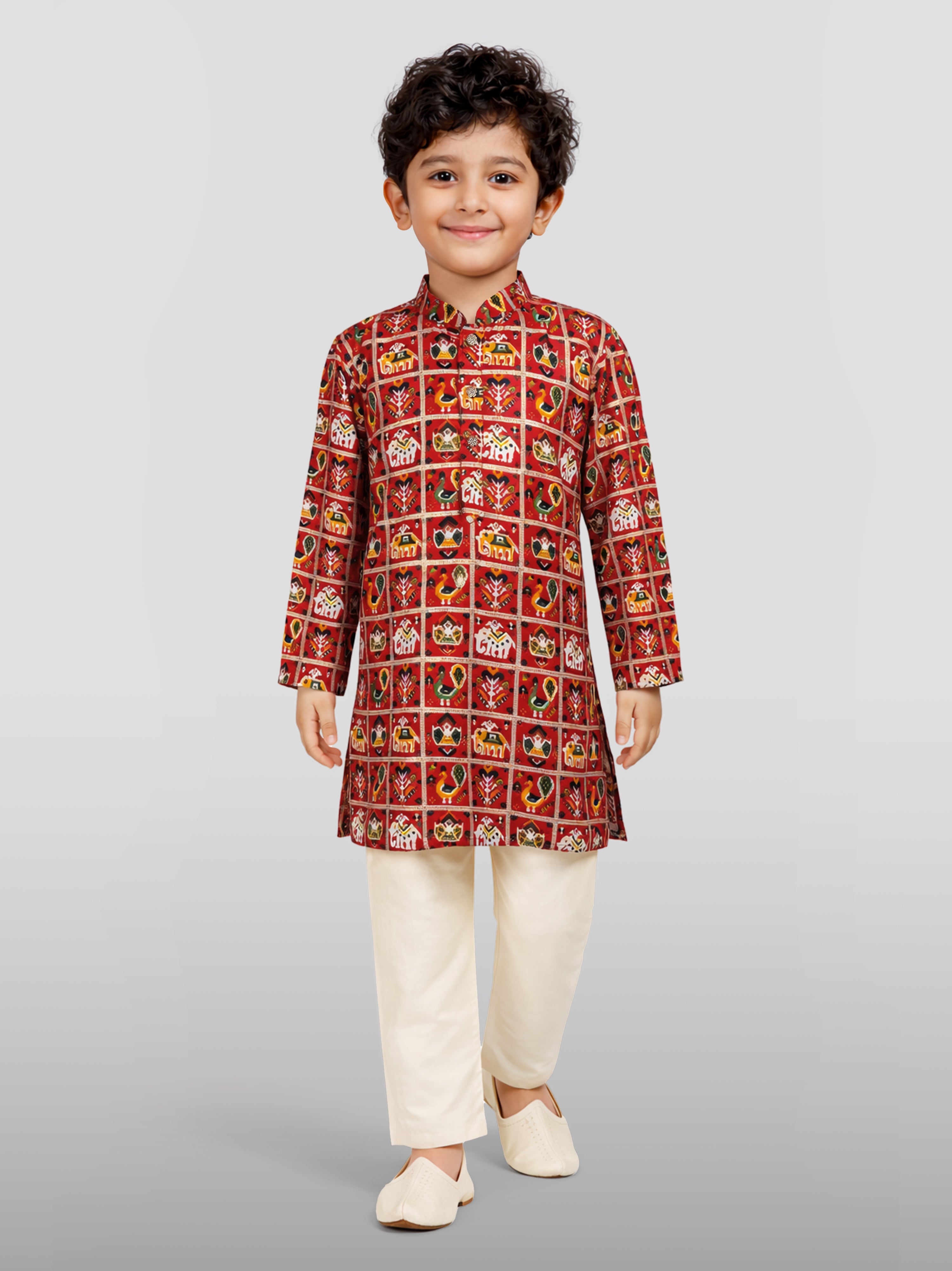 Boy's Red Rayon Patola Kurta Pyjama Set