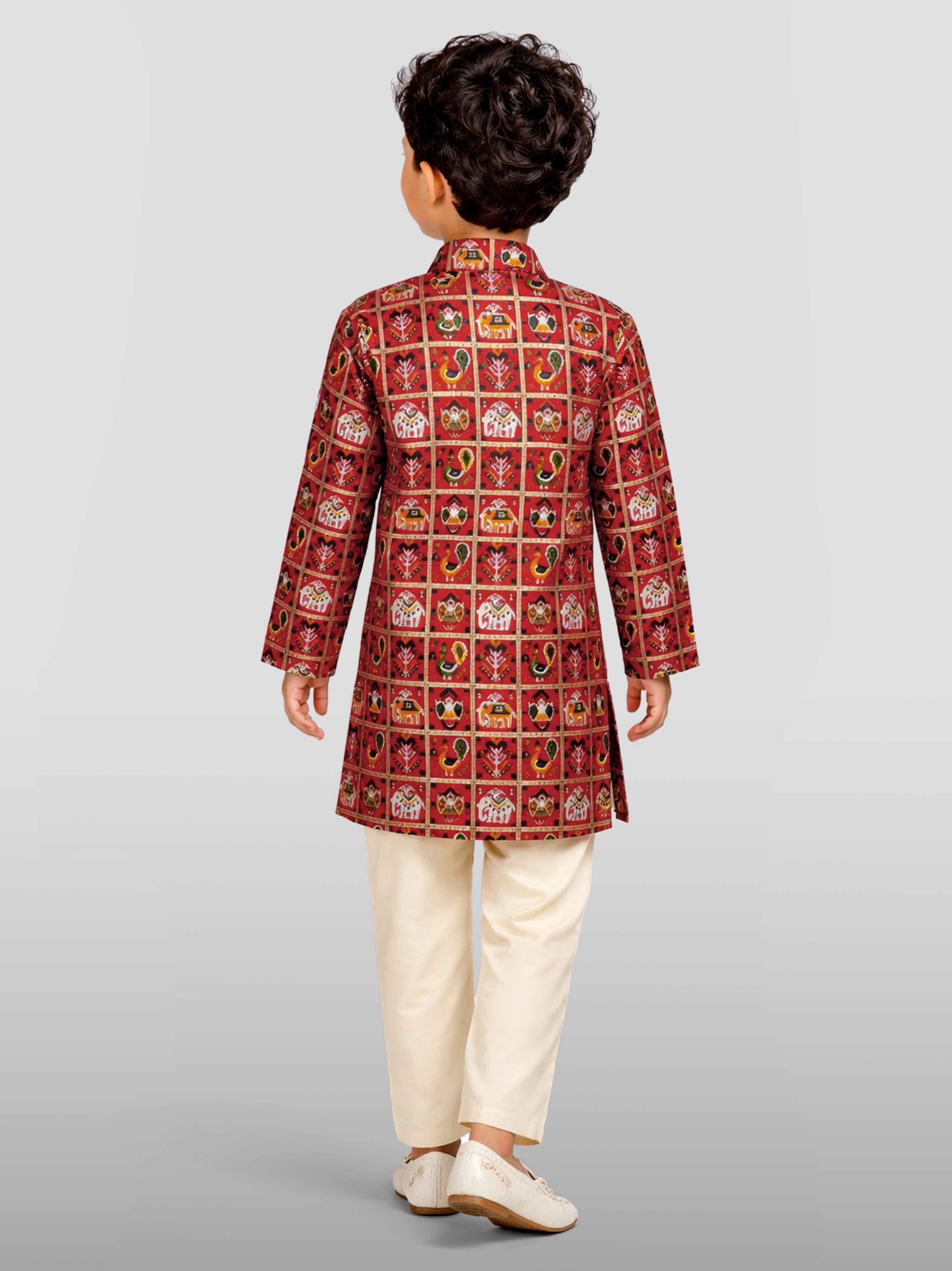 Boy's Red Rayon Patola Kurta Pyjama Set