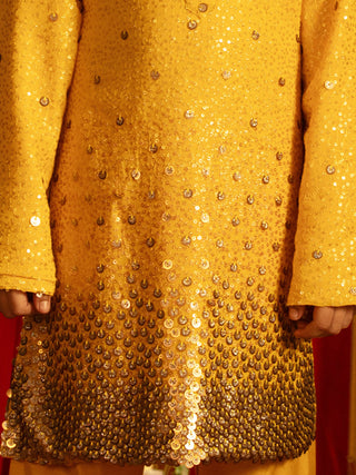VASTRAMAY Boys' Yellow Sequin With Zari Worked Georgette Kurta Pyjama Set