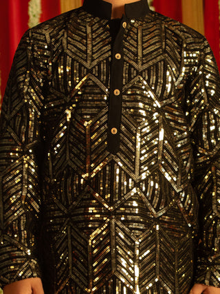 VASTRAMAY Boys' Black Embellished Georgette Kurta Pyjama Set