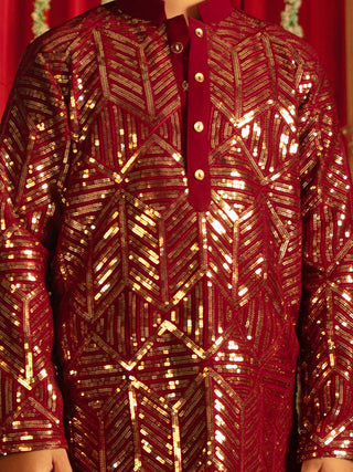 VASTRAMAY Boys' Maroon Embellished Georgette Kurta Pyjama Set