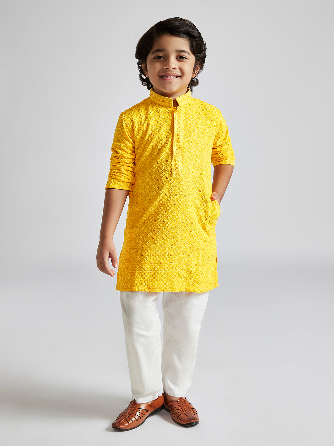 Boy's' Yellow And White Schiffli Kurta Pyjama Set