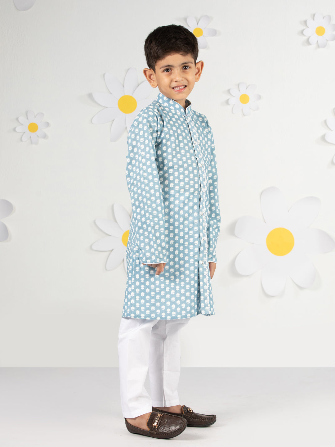 Boy's' Blue And White Kurta Pyjama Set