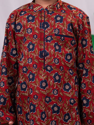 VASTRAMAY Boys' Rust Brown Floral Kurta Pyjama Set