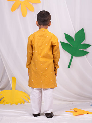 VASTRAMAY Boys' Mustard Self Design Kurta Pyjama Set