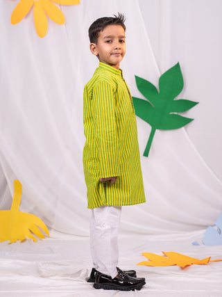 VASTRAMAY Boys' Lime Green Striped Cotton Kurta Pyjama Set
